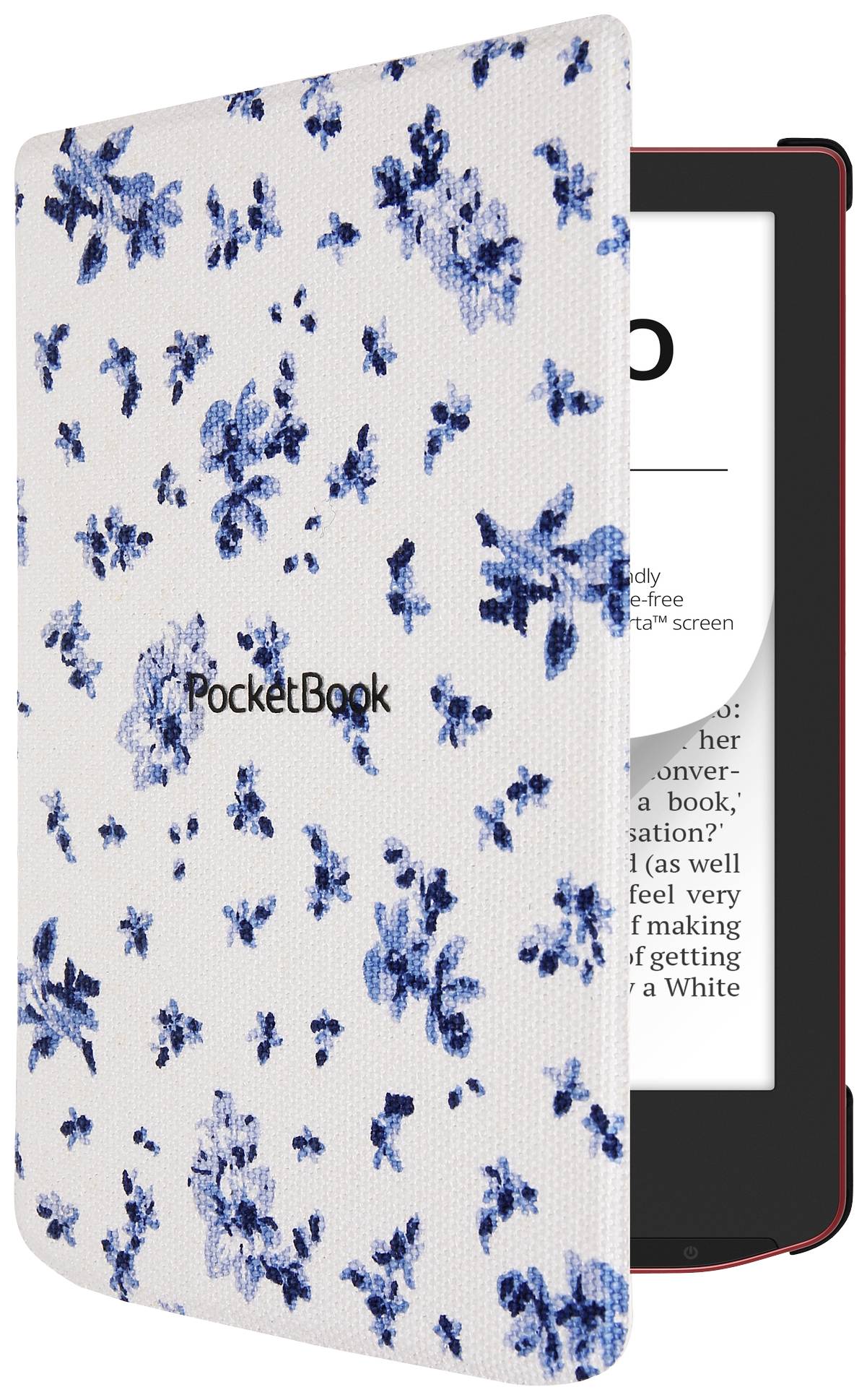 E-Reader im weißen Cover mit blauen Blumenmustern, teilweise geöffnet, zeigt Text auf dem Bildschirm. Markenname 'PocketBook' sichtbar.