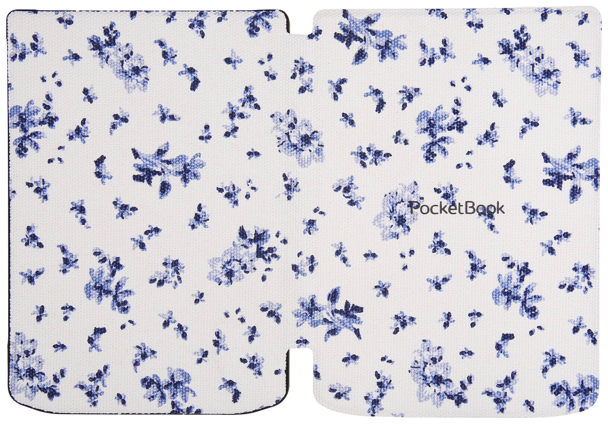 Ein E-Reader-Etui mit blauem Blumenmuster auf weißem Hintergrund und dem aufgedruckten Wort 'PocketBook' in der Mitte.