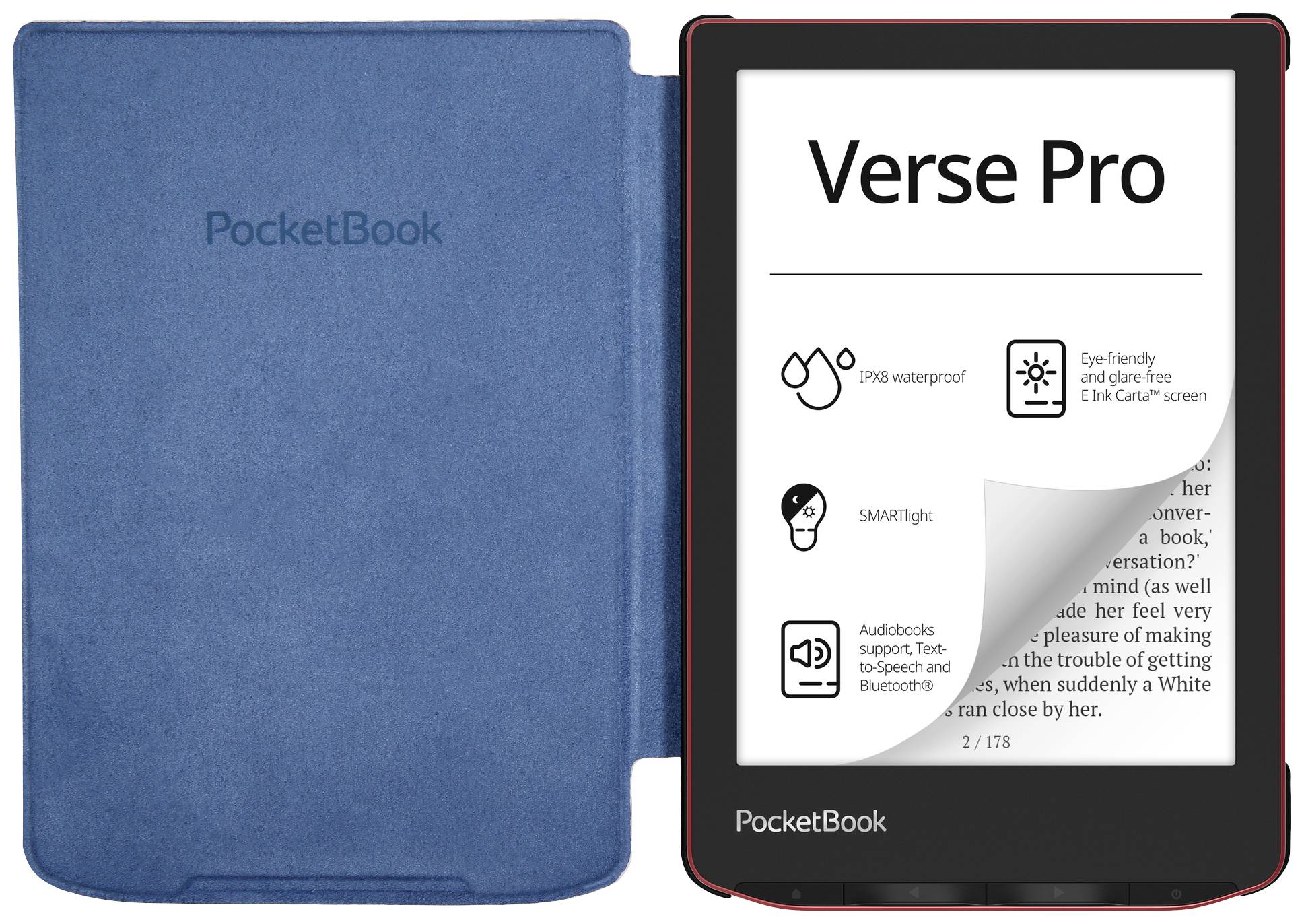Elektronisches Lesegerät 'PocketBook' mit offenem blauen Schutzetui. Der Bildschirm zeigt Text und Symbole mit Funktionen wie Wasserdichtigkeit.