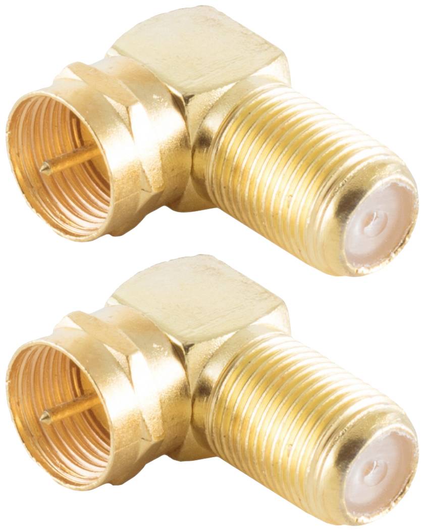 Zwei goldene Koaxialadapter in L-Form, übereinander angeordnet, für die Verbindung von Koaxialkabeln in engen Räumen.