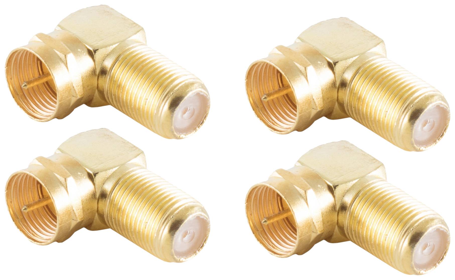 Vier goldene Antennenadapter im rechten Winkel, symmetrisch angeordnet, geeignet für Koaxialkabelanschlüsse in elektronischen Geräten.