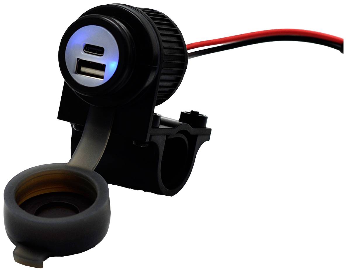 Ein USB-Ladegerät für Fahrzeuge mit zwei Ports, montierbar an einer Stange, mit Anschlusskabeln.