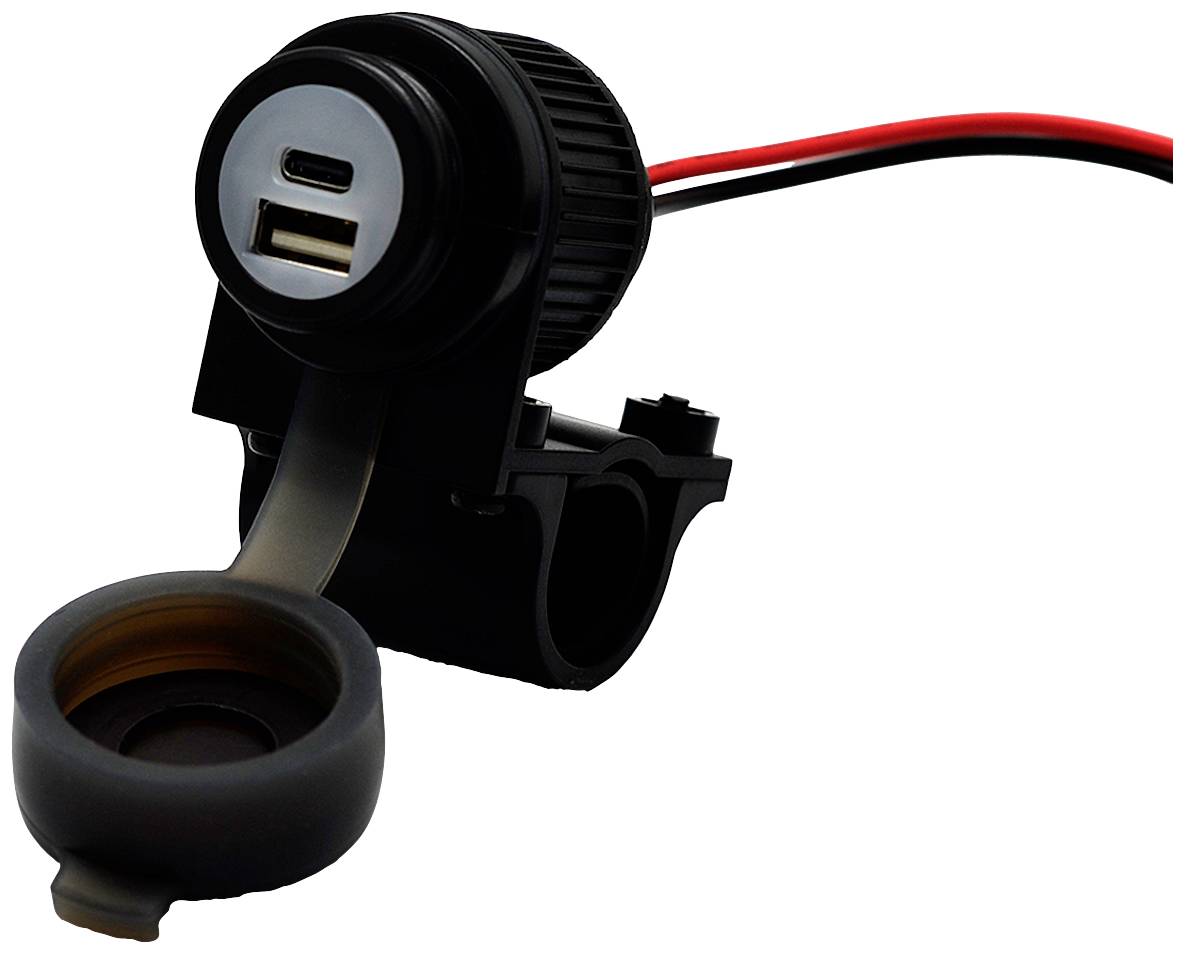 Gerät mit USB-C- und USB-A-Anschluss, schwarzes Gehäuse, Kabel für Stromversorgung. Geeignet für Elektronik- und Ladeanwendungen.