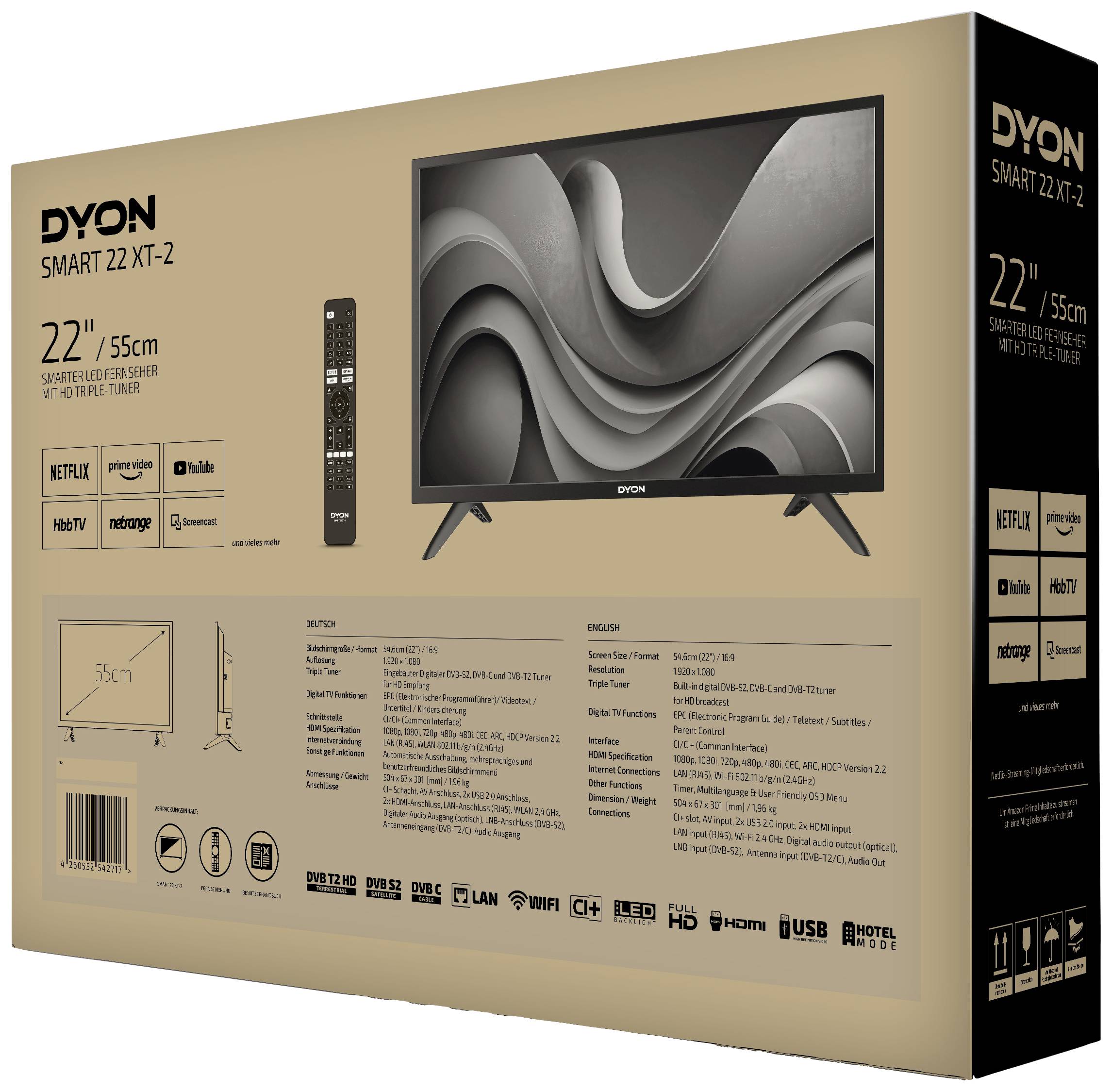 Dyon Smart 22 XT-2 LED-TV 55cm 22 Zoll EEK E (A - G) CI+, DVB-C, DVB-S2, DVB-T2, Full HD, Smart TV, WLAN Schwarz