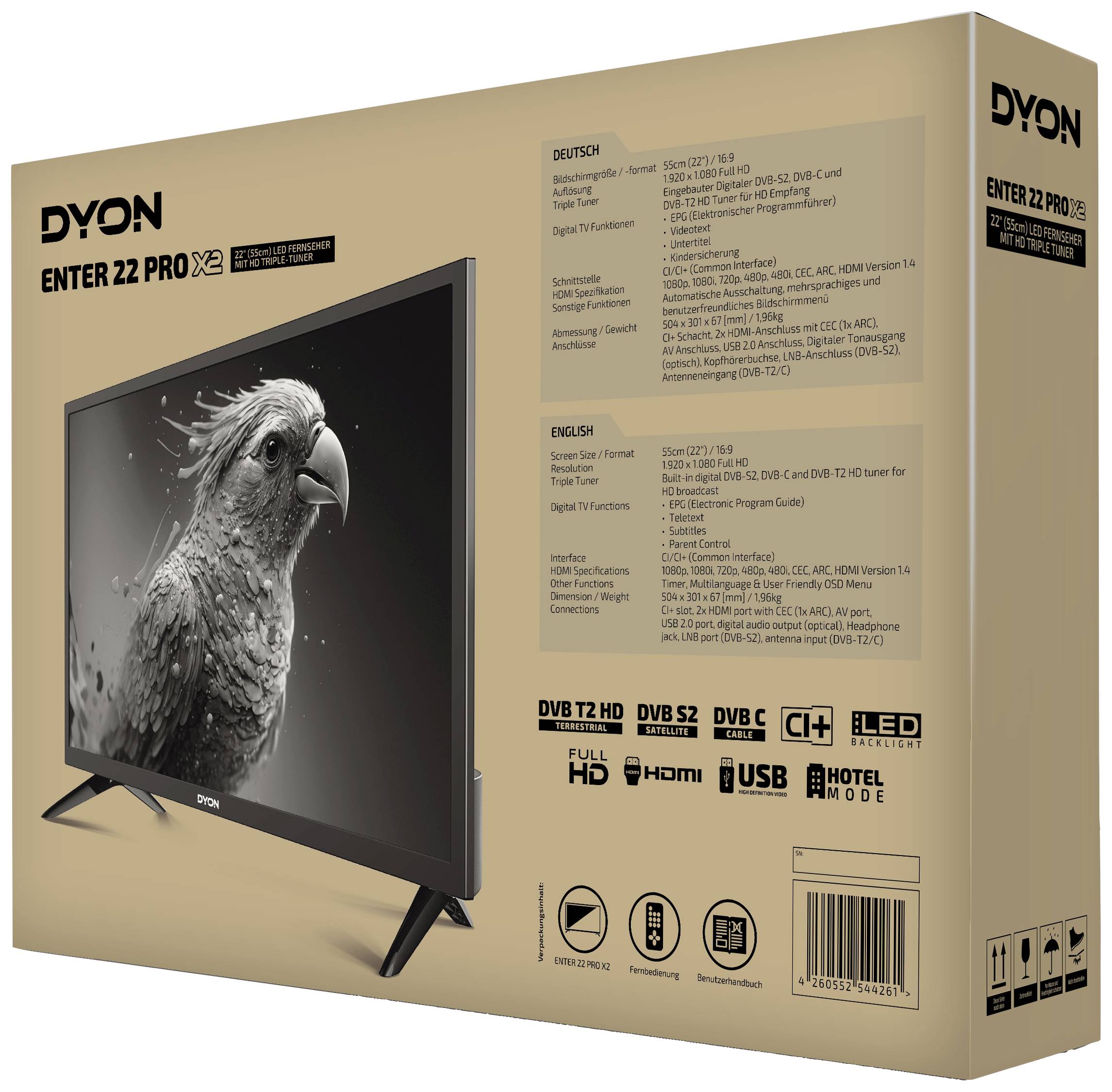 Dyon Enter 22 Pro X2 LED-TV 55cm 22 Zoll EEK E (A - G) CI+, DVB-C, DVB-S2, DVB-T2, Full HD Schwarz