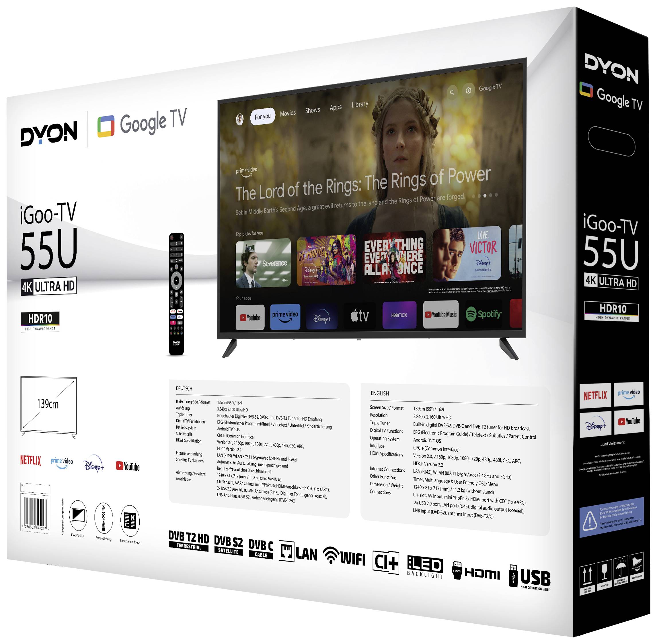Dyon iGoo-TV 55U LED-TV 139cm 55 Zoll EEK F (A - G) UHD, Smart TV, DVB-C, DVB-S2, DVB-T2, CI+, WLAN Schwarz