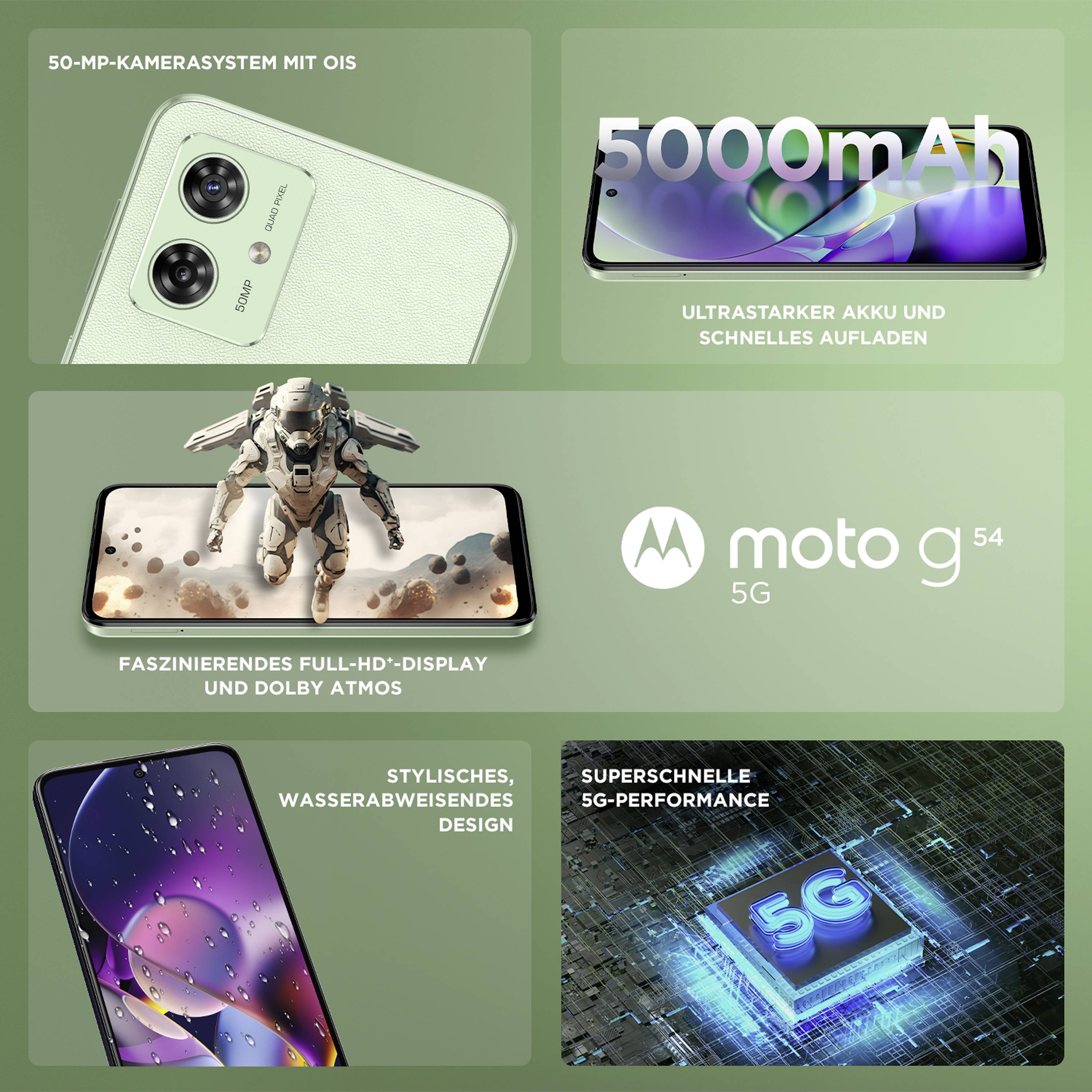 Motorola moto G54 5G Smartphone 256 GB 16.5 cm (6.5 Zoll) Mint, Grün Android™ 13 Dual-SIM