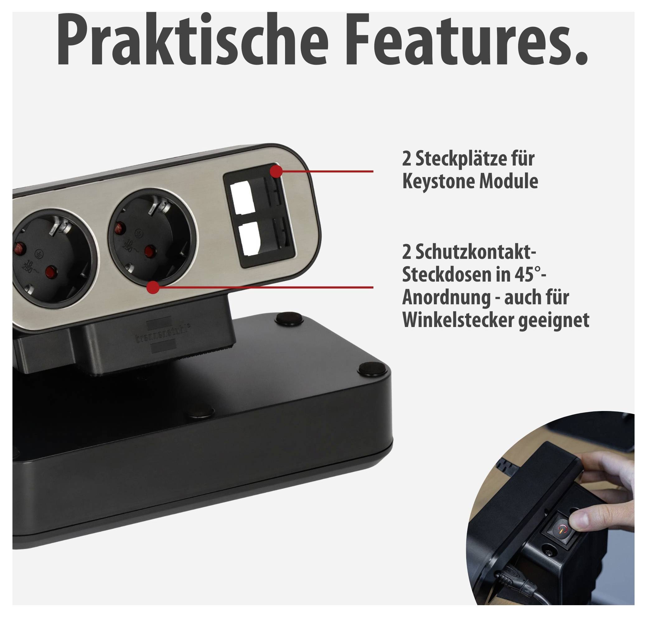 Grafik „Praktische Features“ eines Steckdosenmoduls: 2 Keystone-Slots und 2 Schutzkontakt-Steckdosen in 45°-Anordnung, auch für Winkelstecker geeignet.
