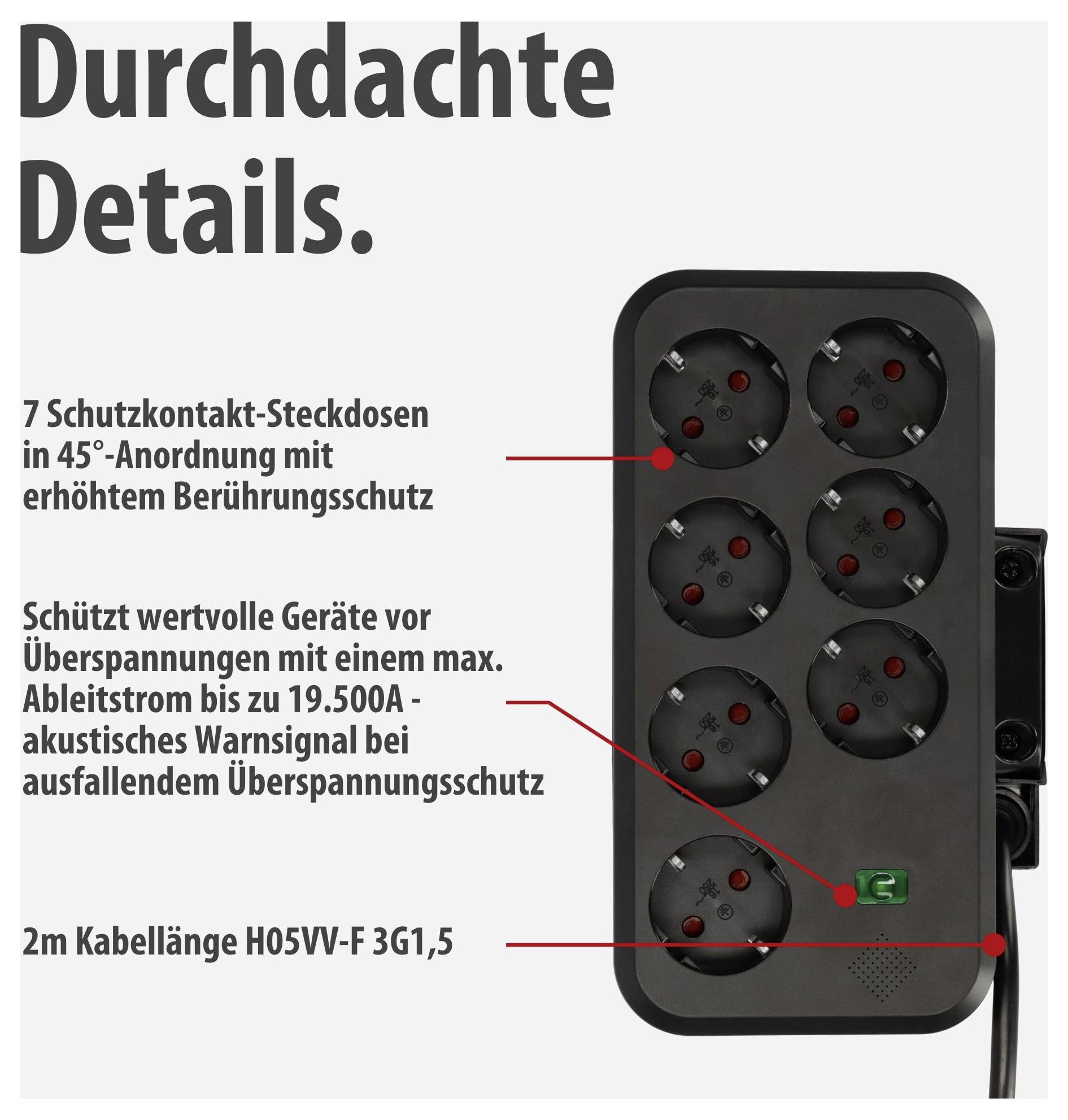 Werbegrafik für eine Steckdosenleiste: 'Durchdachte Details' mit 7 Schutzkontakt-Steckdosen in 45°-Anordnung, Überspannungsschutz, 2 m Kabel.