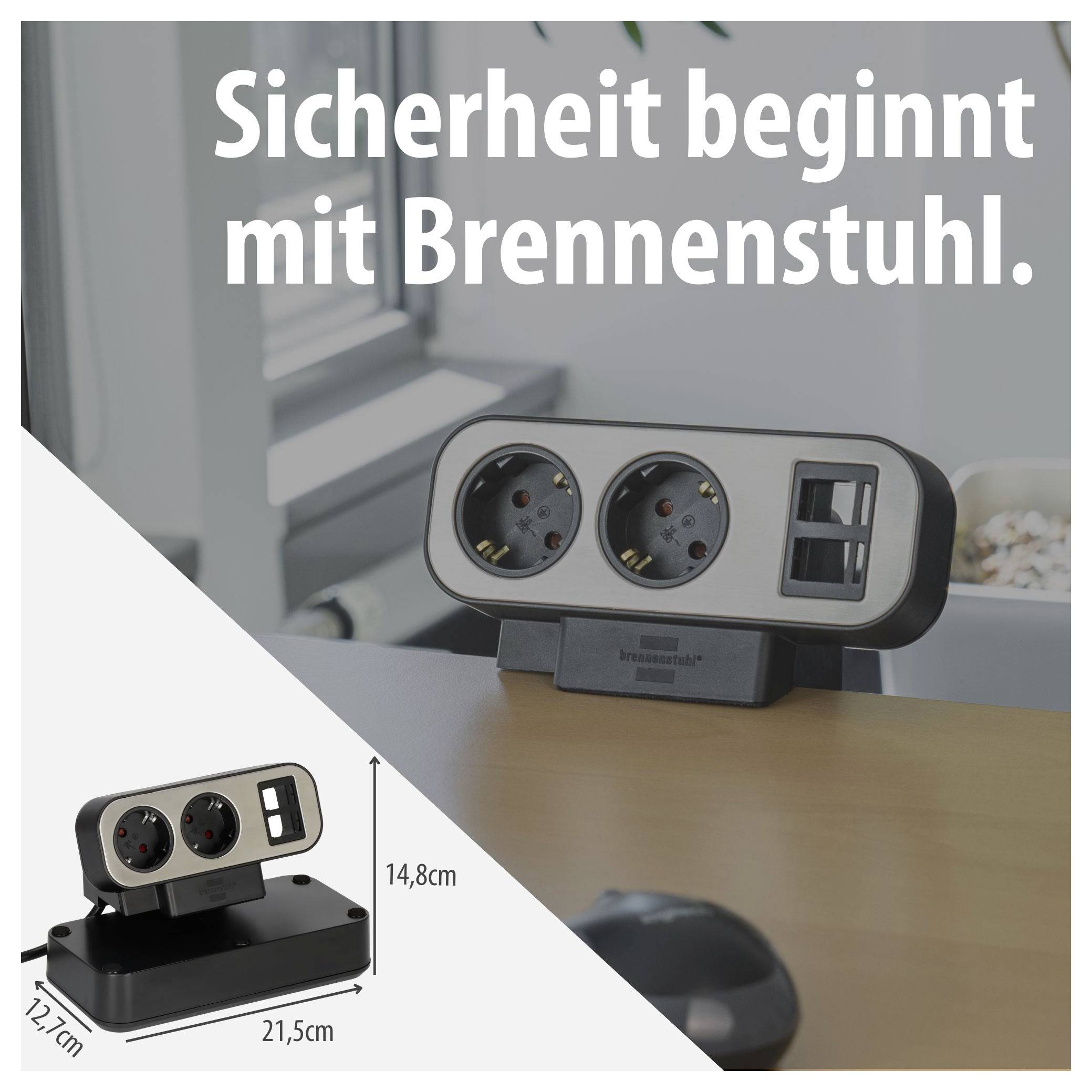 Werbebild für eine Brennenstuhl-Steckdosenleiste mit zwei Schuko-Steckdosen und zwei USB-Anschlüssen; Text: 'Sicherheit beginnt mit Brennenstuhl.' Maße: 21,5 cm und 14,8 cm.