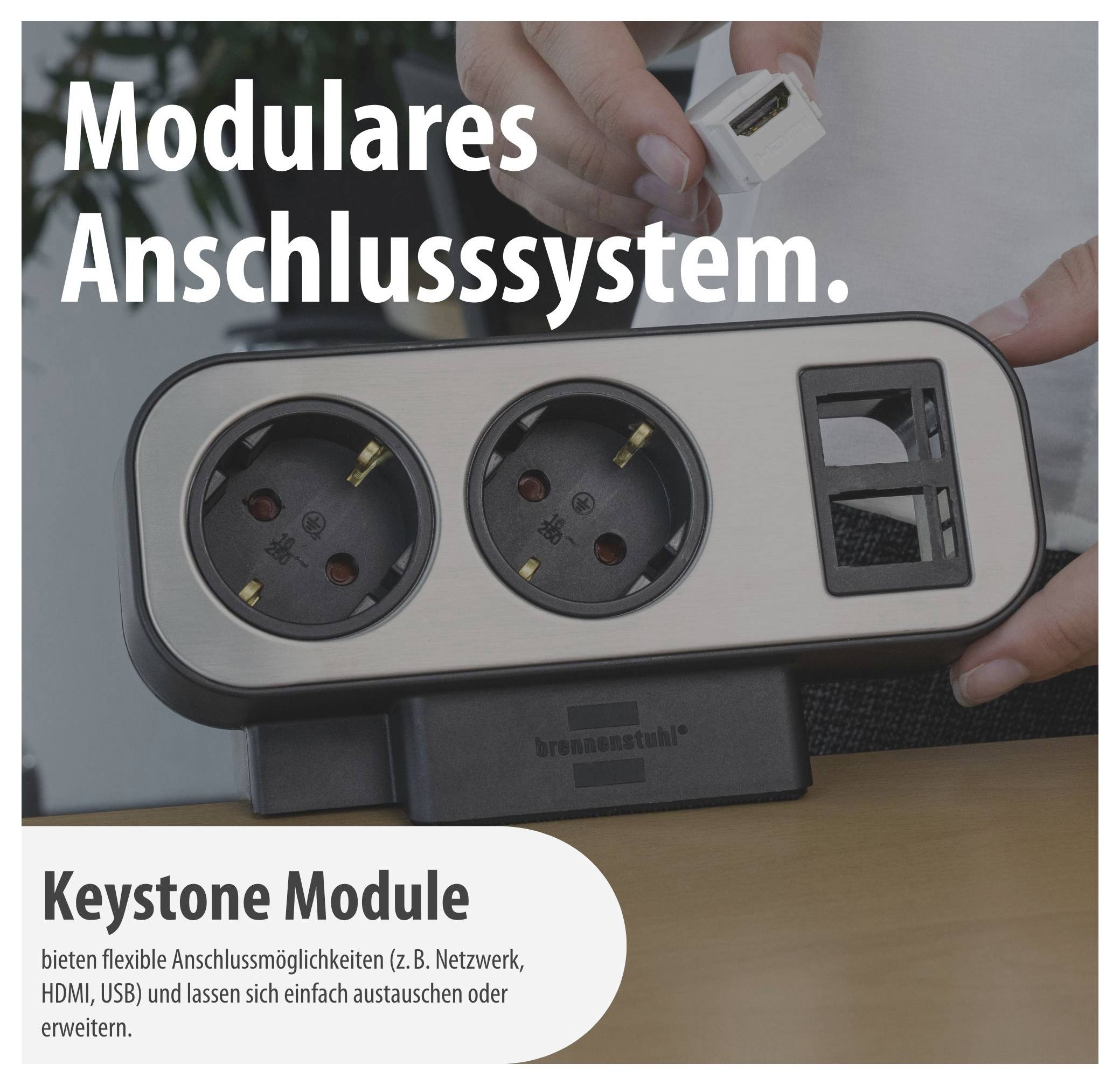 Modulares Anschlussystem mit Steckdosen und austauschbaren Keystone-Modulen für Netzwerk, HDMI und USB.