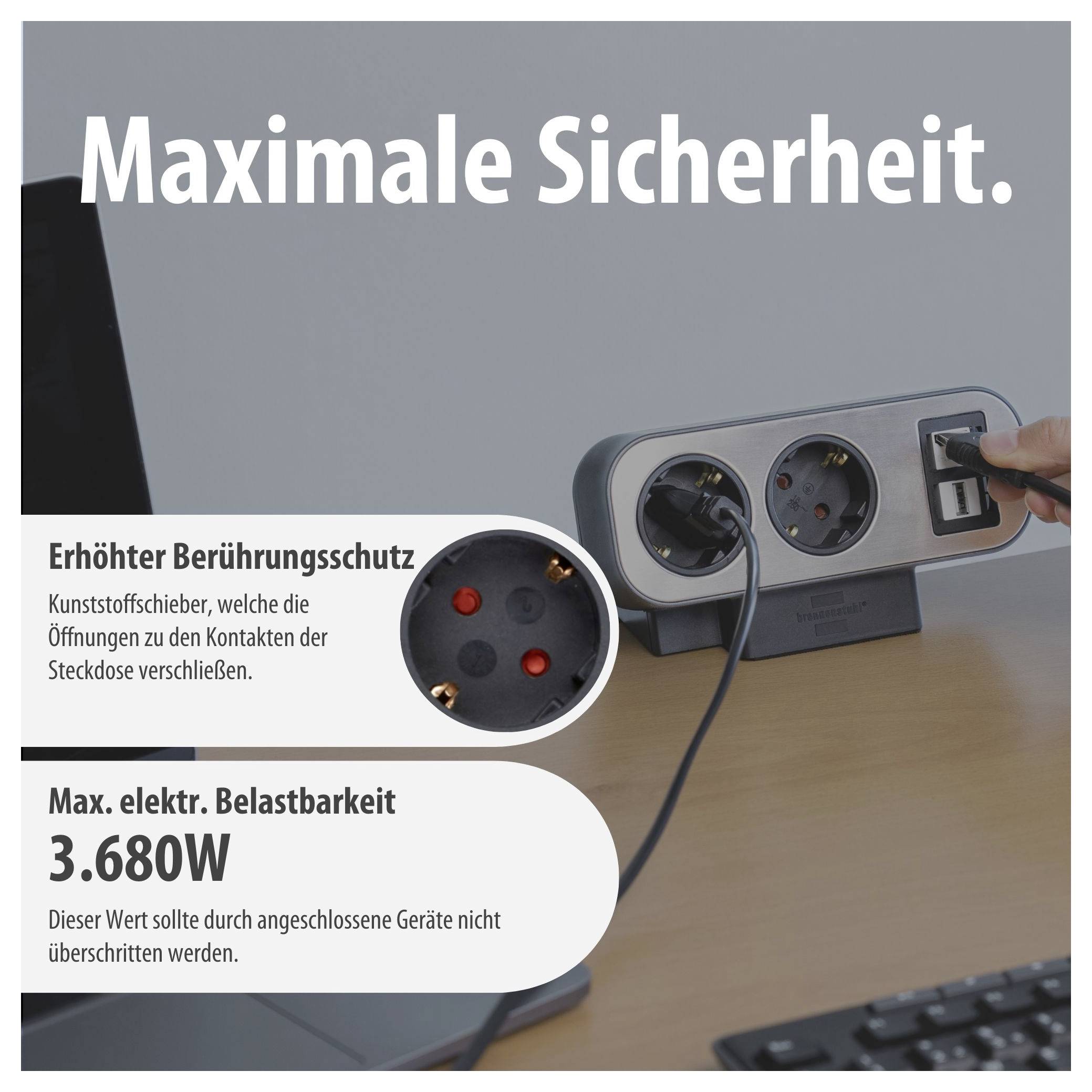 Werbebild einer Steckdosenleiste mit den Hinweisen 'Maximale Sicherheit', erhöhter Berührungsschutz und maximal 3.680 W elektrischer Belastbarkeit.