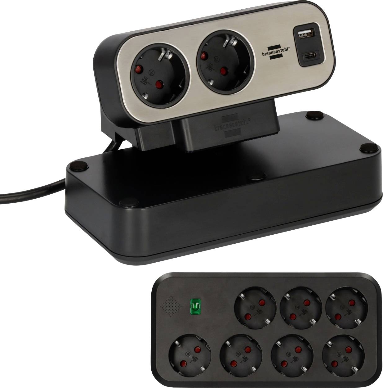 Zwei Ansichten einer schwarz-silbernen Steckerleiste mit sechs geerdeten Steckdosen und zwei USB-Anschlüssen, angewinkelt auf weißem Hintergrund dargestellt.