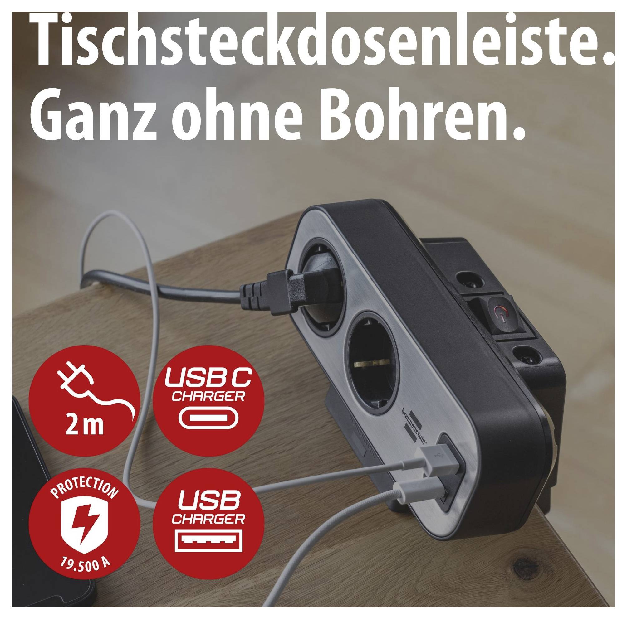 Tischsteckdosenleiste mit USB-C- und USB-Anschlüssen für den Einsatz auf dem Tisch, ganz ohne Bohren; 2 m Kabel und 19.500 A Schutzangabe.