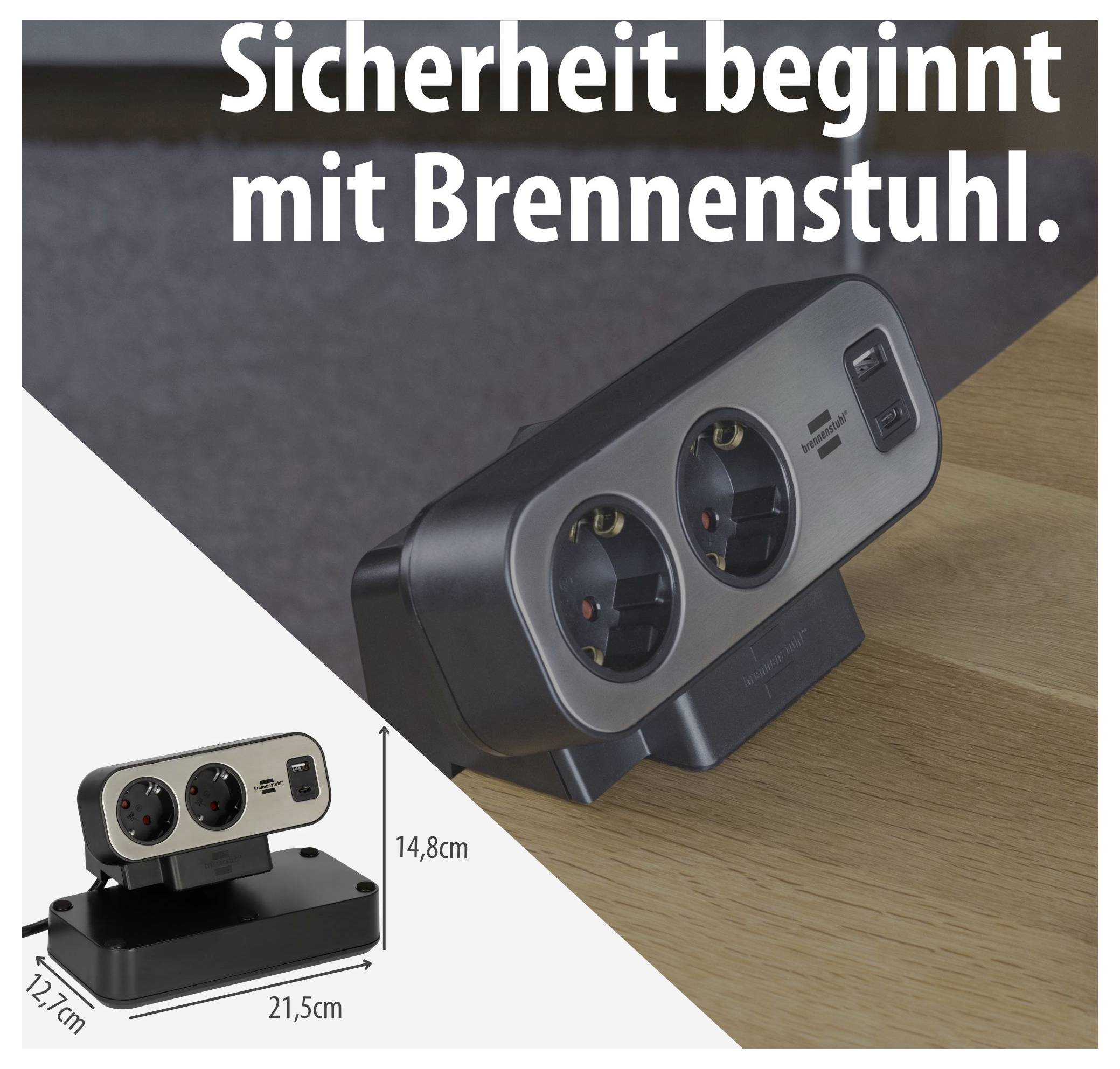Werbebild einer Brennenstuhl-Steckdosenleiste mit zwei Schuko-Steckplätzen und Schalter; Text: 'Sicherheit beginnt mit Brennenstuhl.', Maße 21,5 x 14,8 cm.