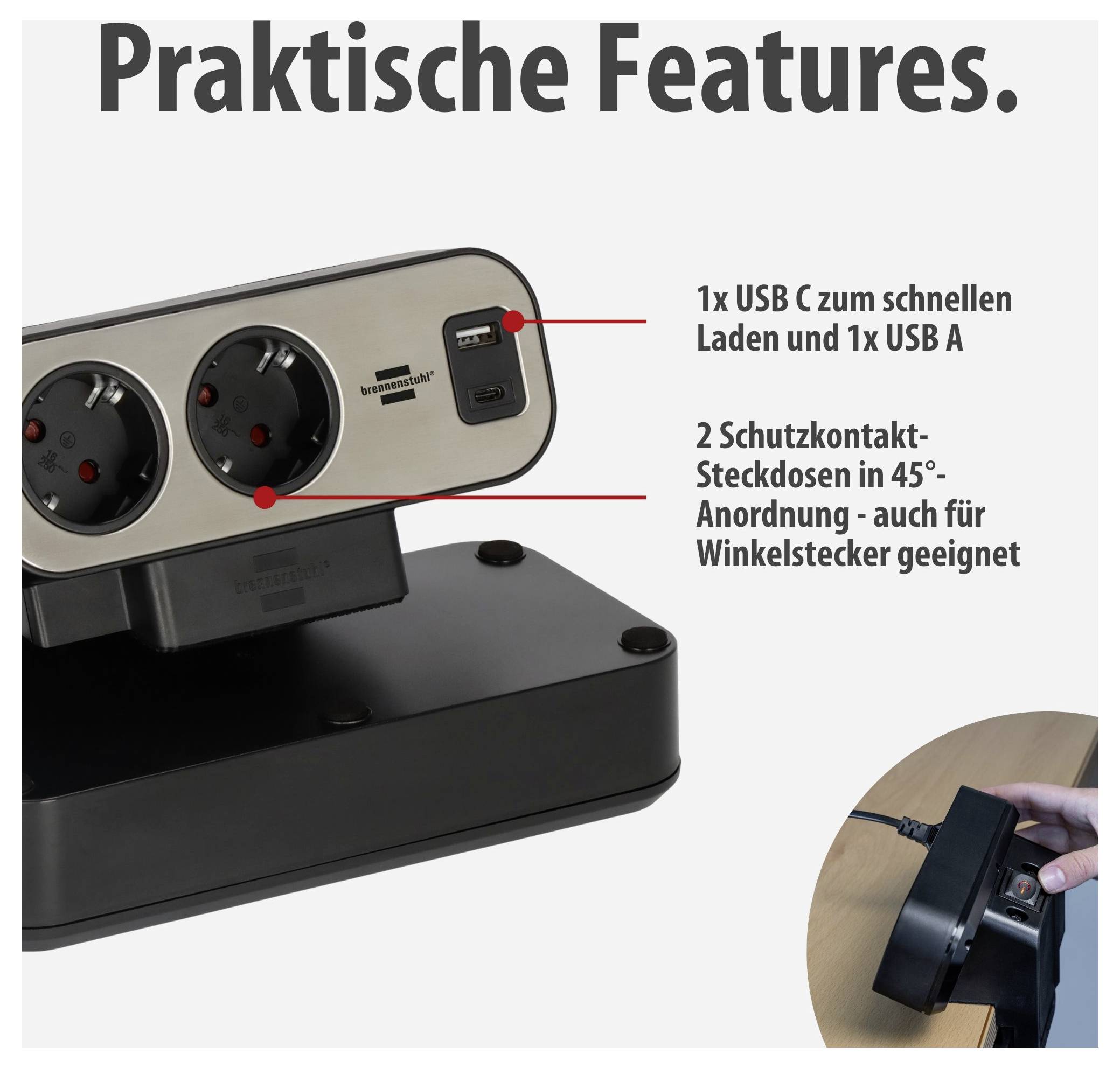 Werbegrafik einer Steckdosenleiste mit 1x USB-C, 1x USB-A und zwei 45°-Schutzkontakt-Steckdosen; unten rechts wird das Einstecken gezeigt.