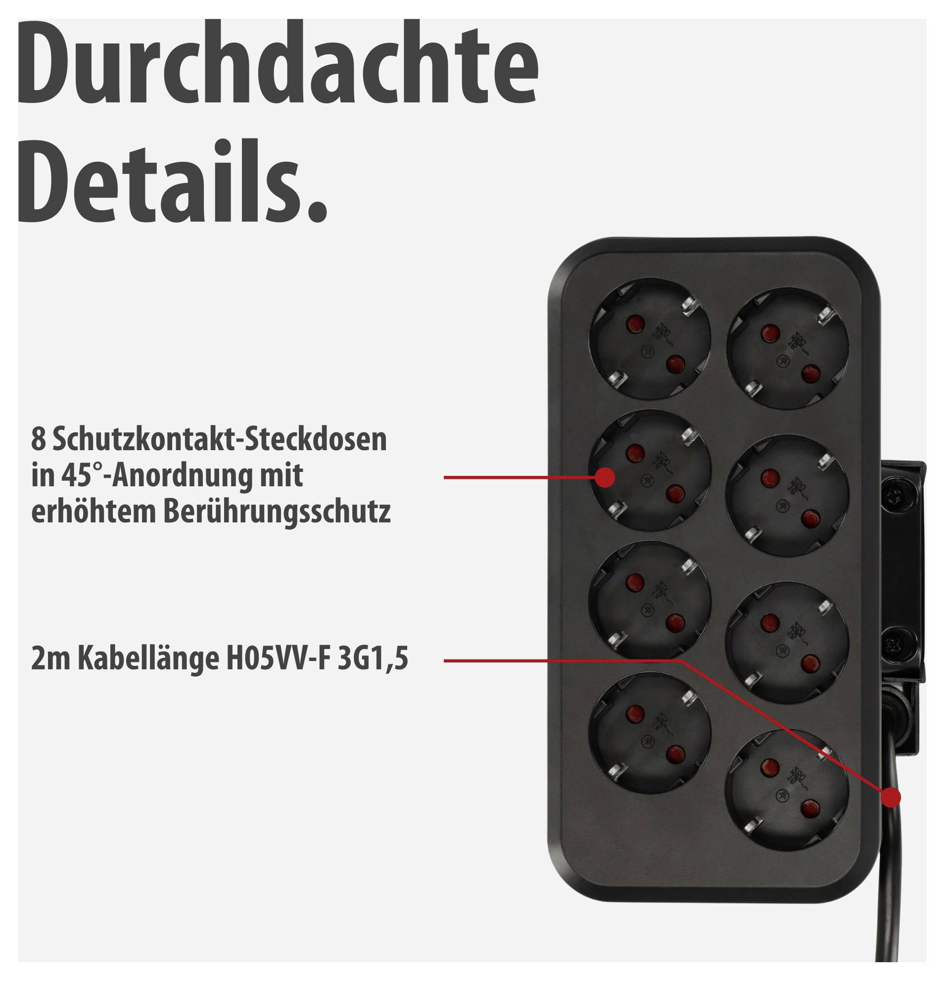 Produktbild einer schwarzen 8-fach-Steckdosenleiste mit 45°-Anordnung; Text nennt erhöhten Berührungsschutz und 2 m Kabel H05VV-F 3G1,5.