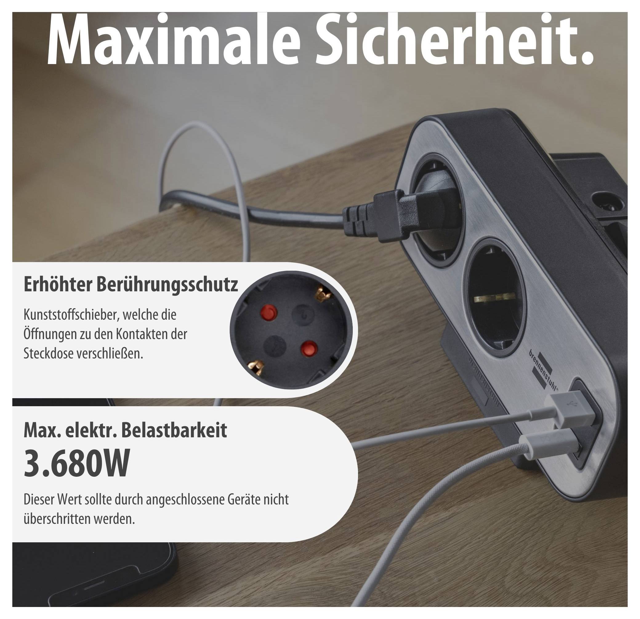 Werbeanzeige einer Steckdosenleiste mit Text 'Maximale Sicherheit', erhöhtem Berührungsschutz und maximaler elektrischer Belastbarkeit von 3.680W.