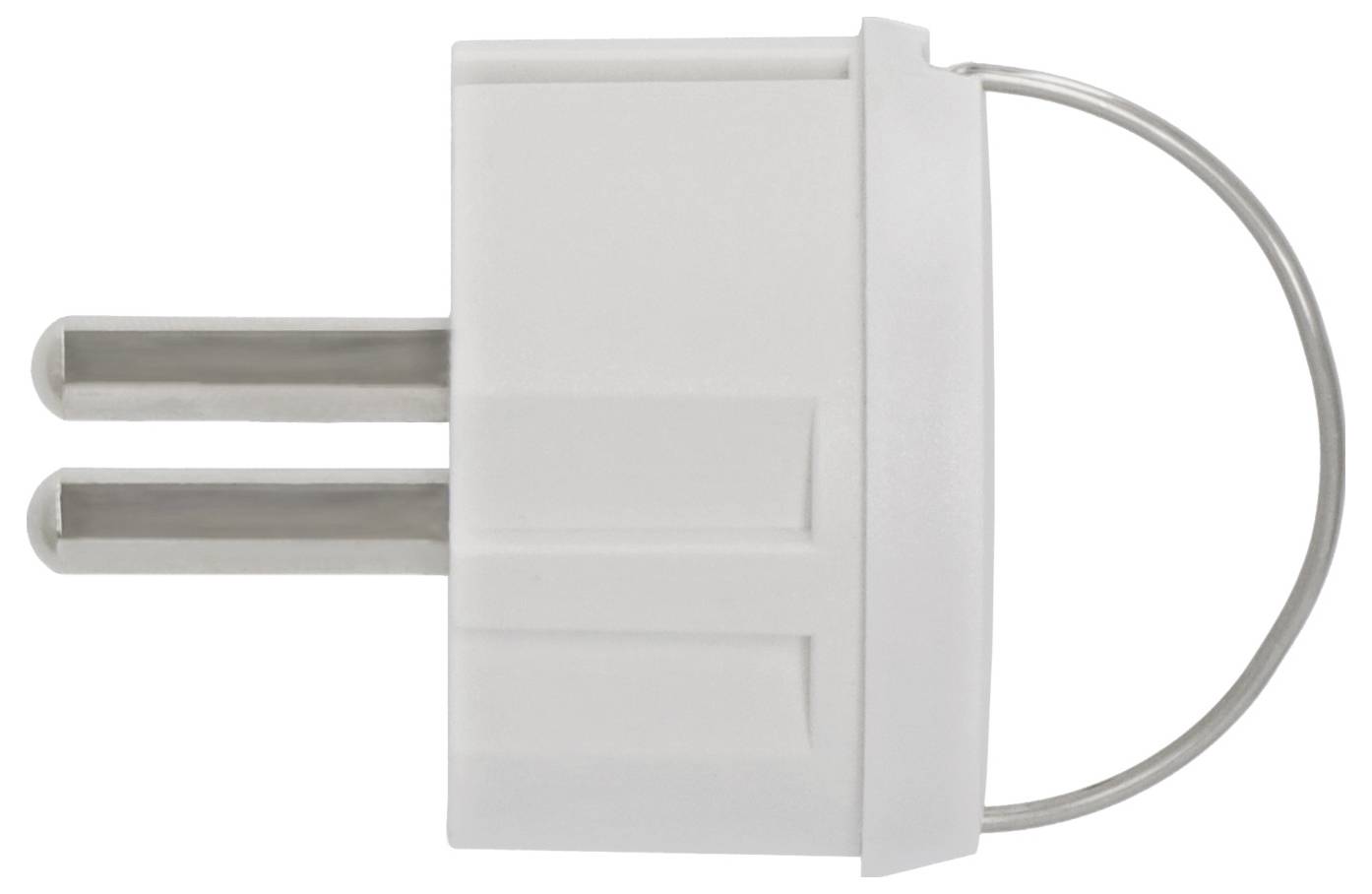 Weißer zweipoliger Elektrostecker-Adapter mit U-förmigem Metallgriff auf der rechten Seite.