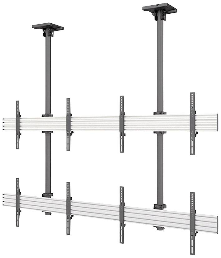 Deckenhalterungssystem für mehrere Monitore mit zwei vertikalen Stangen und horizontalen Schienen zur flexiblen Bildschirmmontage.