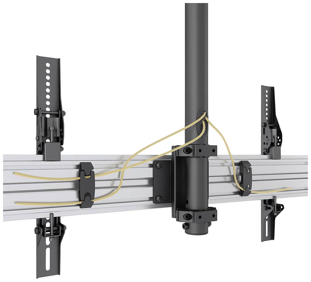 Montagehalterung mit vertikaler Stange und mehreren Befestigungspunkten an einer horizontalen Schiene, Kabel befestigt.