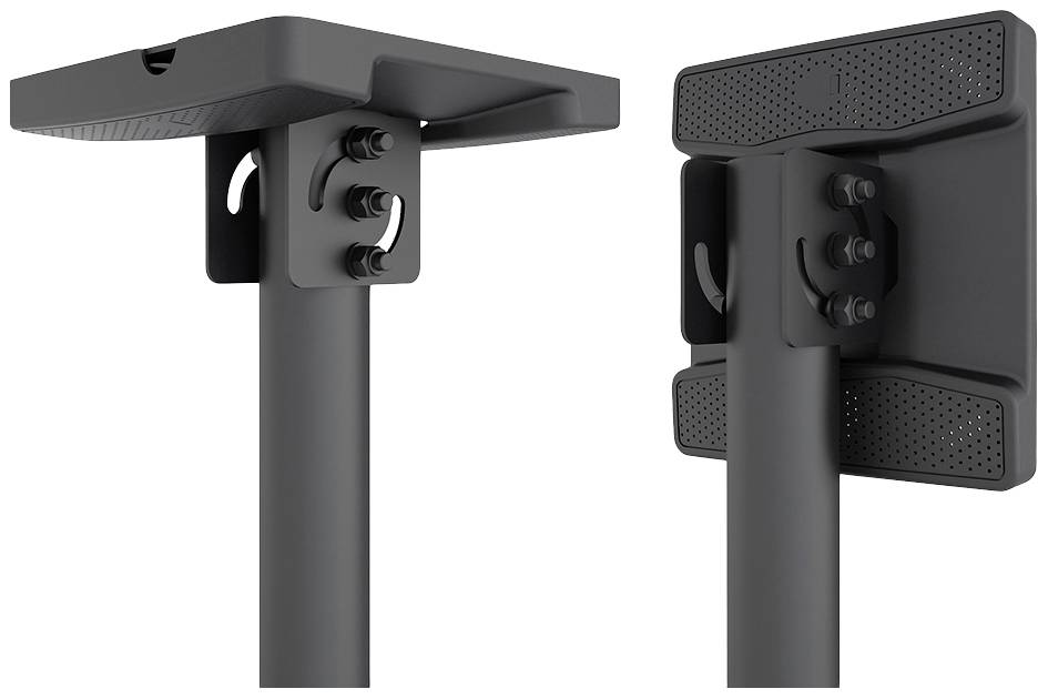 Schwarze, höhenverstellbare Tischhalterung mit zwei Perspektivenansichten: Vorderseite mit flachem Kopf und Rückseite mit Verschraubungen.