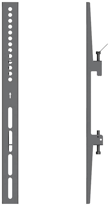 Ein seitliches Profil einer TV-Wandhalterung aus Metall, zeigt Befestigungspunkte und Einstellschrauben für Neigung und Fixierung.