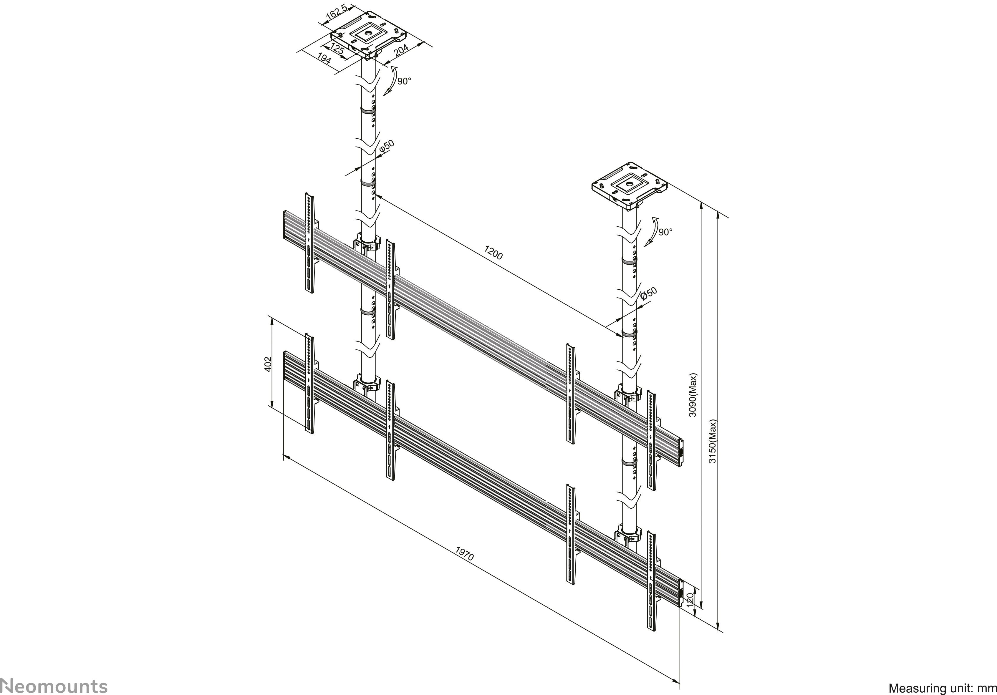 Ein technisches Diagramm zur Wandmontage mit zwei vertikalen Stangen und horizontalen Schienen. Maße in Millimetern angegeben.