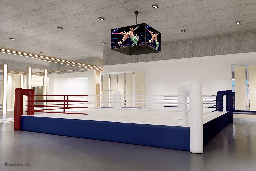 Ein leerer Boxring in einer Sporthalle, mit einem Monitor an der Decke, der ein Wrestling-Match zeigt.