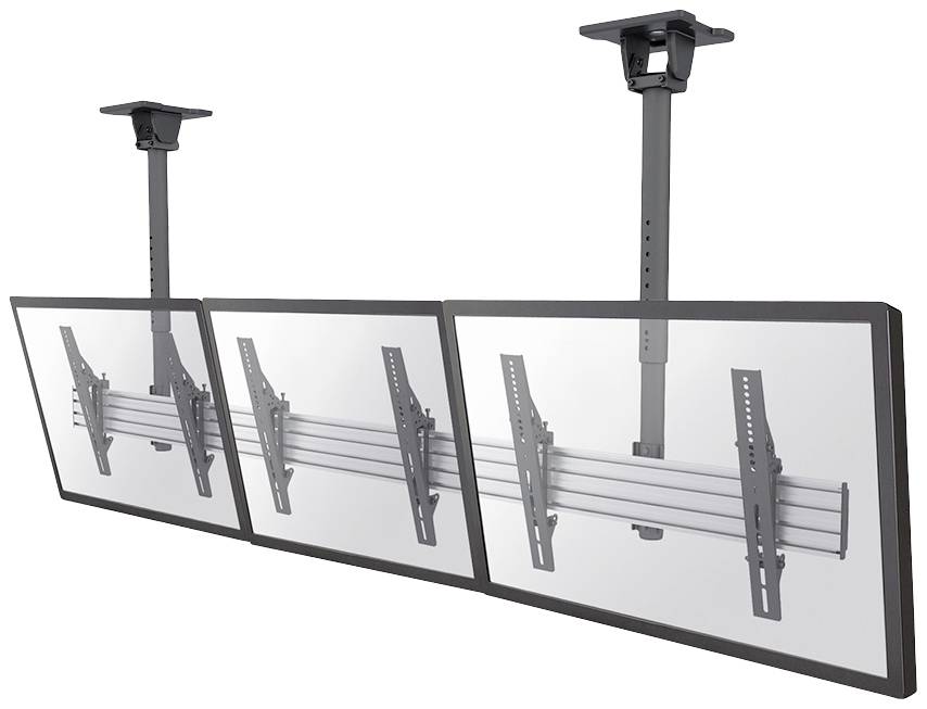 Drei Bildschirme an Deckenhalterungen nebeneinander montiert, geeignet für Präsentationen oder Überwachungsräume.