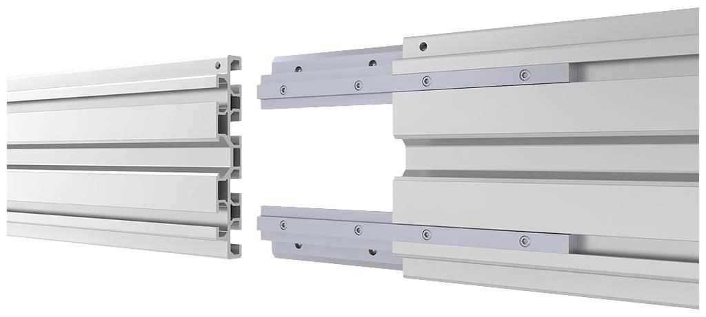 Zwei graue Aluminiumprofilteile mit Verbindungsschienen, die zusammenpassen. Eignet sich für modulare Rahmenkonstruktionen.