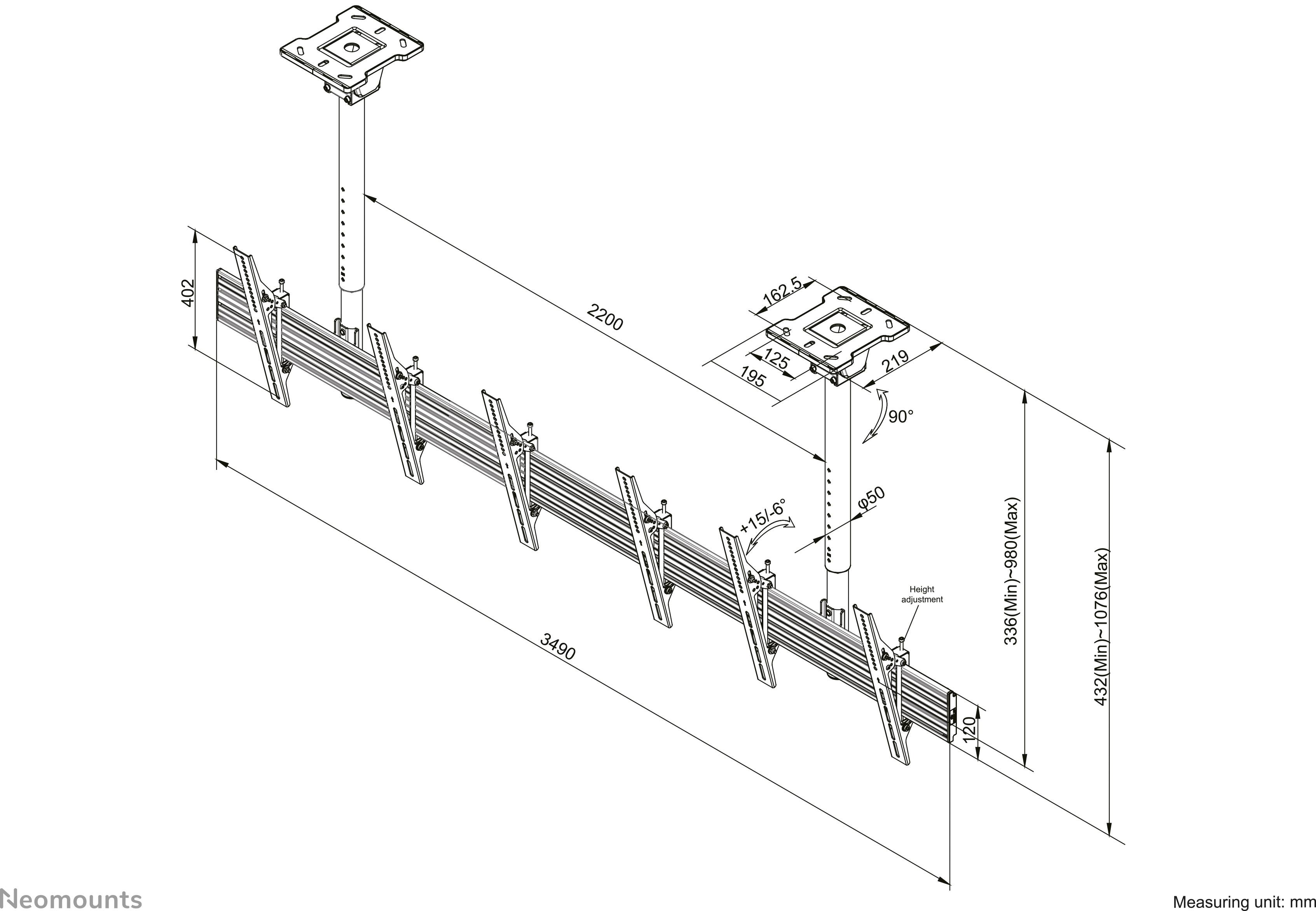 Technische Zeichnung einer Deckenhalterung mit Maßen: Länge 3489 mm, Höhe 659–1092 mm. Geeignet für Monitorbefestigung.