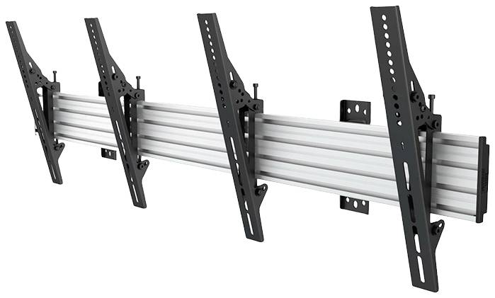 Wandhalterung für große Flachbildschirme mit neigbaren schwarzen Halterungen auf einem silbernen Träger zur flexiblen Montagelösung.