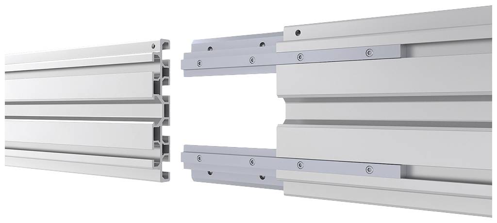 Zwei silberne Schienen mit strukturierten Oberflächen stehen sich gegenüber, bereit zur Verbindung. Sie zeigen ein modulares System.