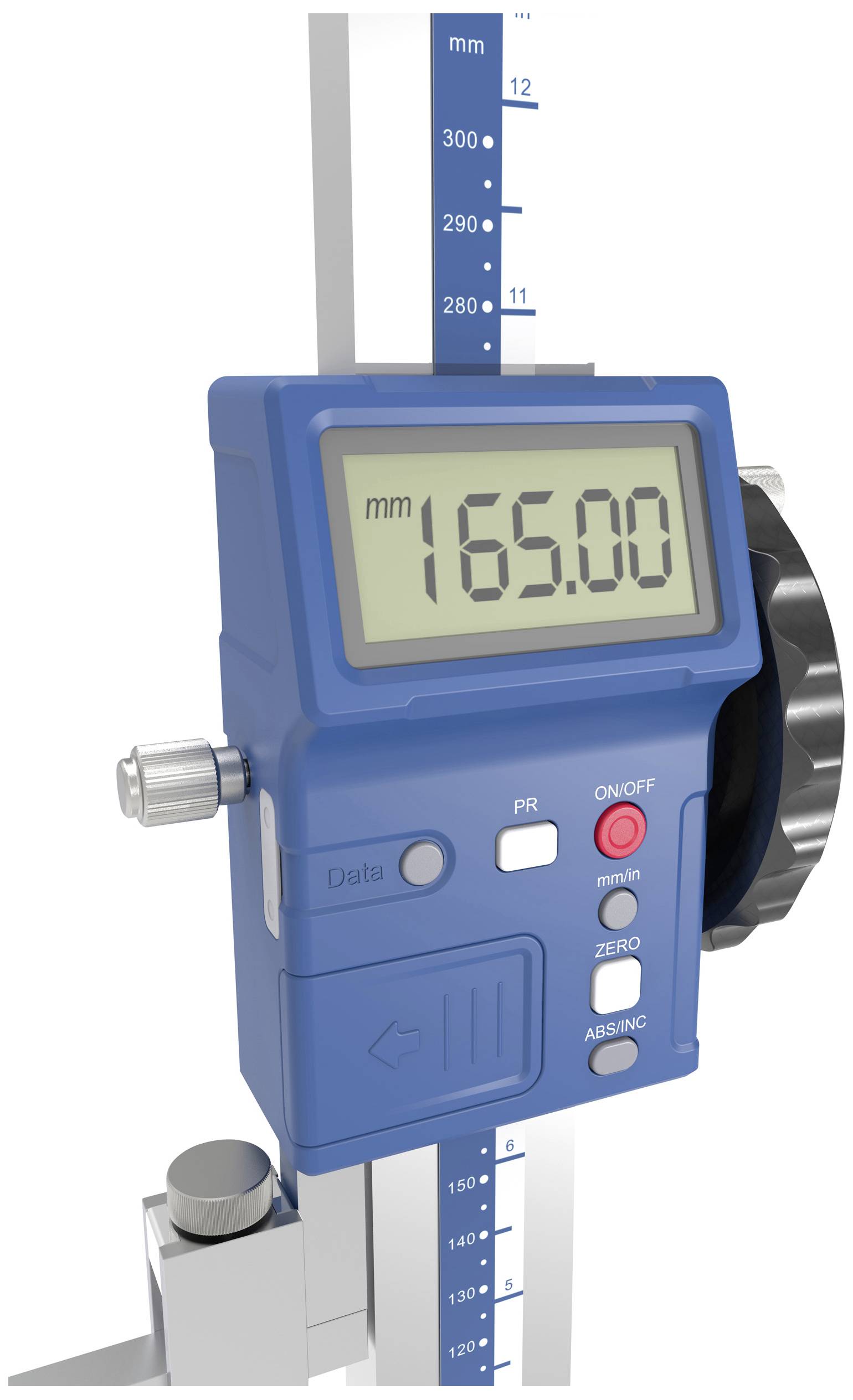 Digitaler Messschieber zeigt '165,00 mm' auf Display. Blaue Markierungen und Skala für präzise Längenmessung.