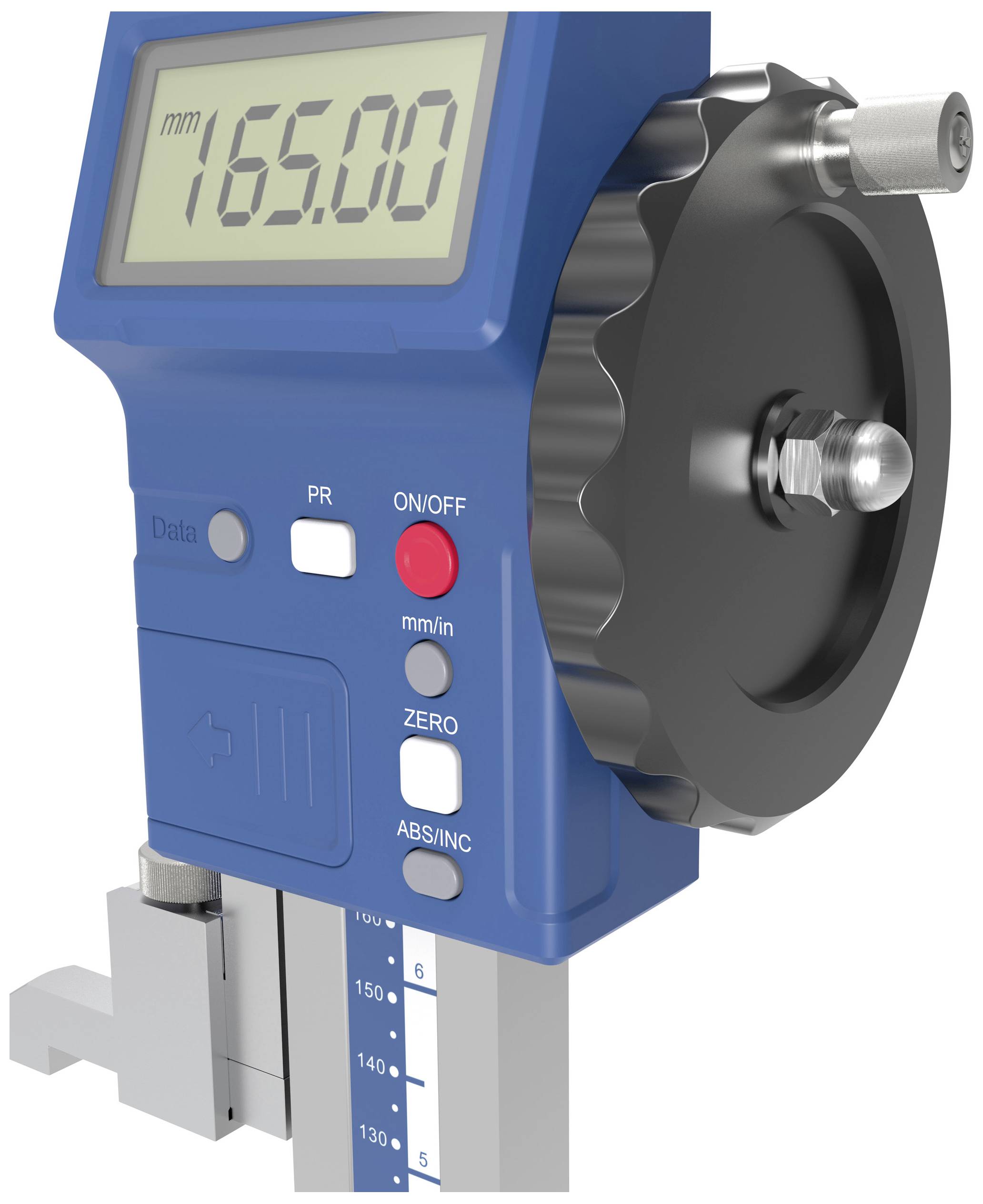 Messschieber mit digitaler Anzeige zeigt 165,00 mm. Großes Einstellrad mit mm/inch-Schalter und Nullstellfunktion.