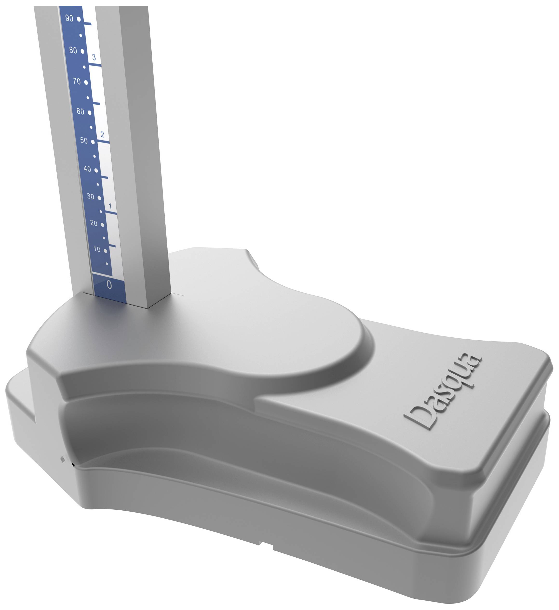 Ein silberner Höhenmesser mit blauer Skala, produziert von Dasqua, wird gezeigt. Hauptzweck: präzise Längenmessungen.