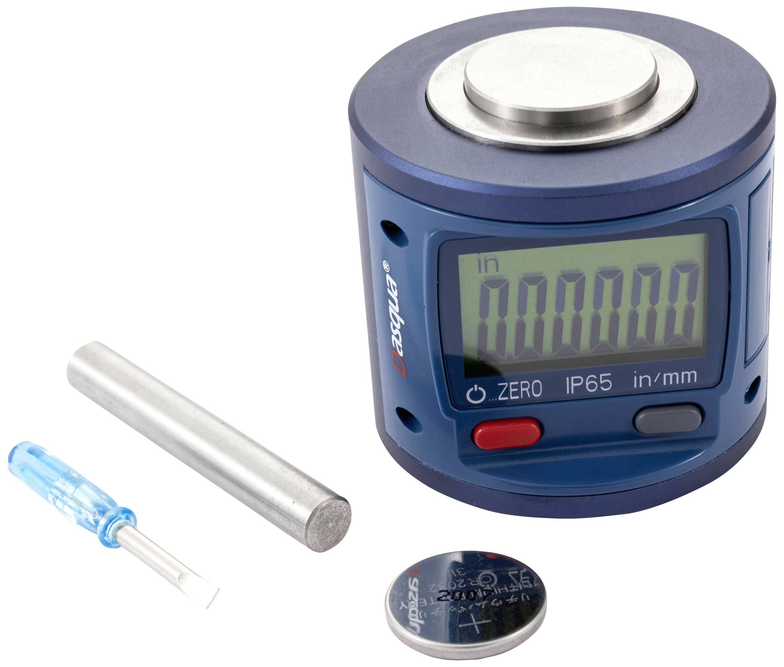 Digitaler Neigungsmesser mit rundem Gehäuse, Display, silbernen Zylinder und Batterie. Zeigt '000.000' in Zoll an.