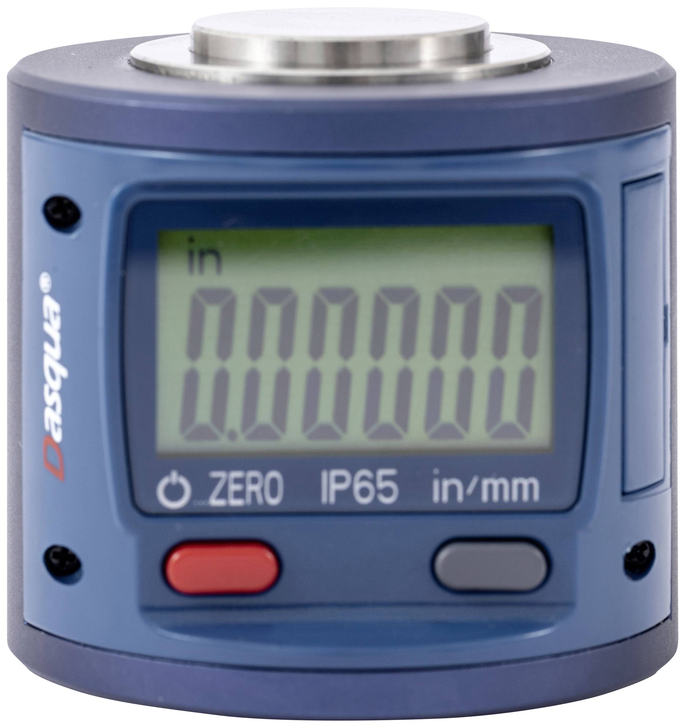 Ein digitaler Neigungsmesser mit einem Bildschirm zeigt den Messwert '0.00000' in Grad an. Der Körper ist blau mit mehreren Tasten.