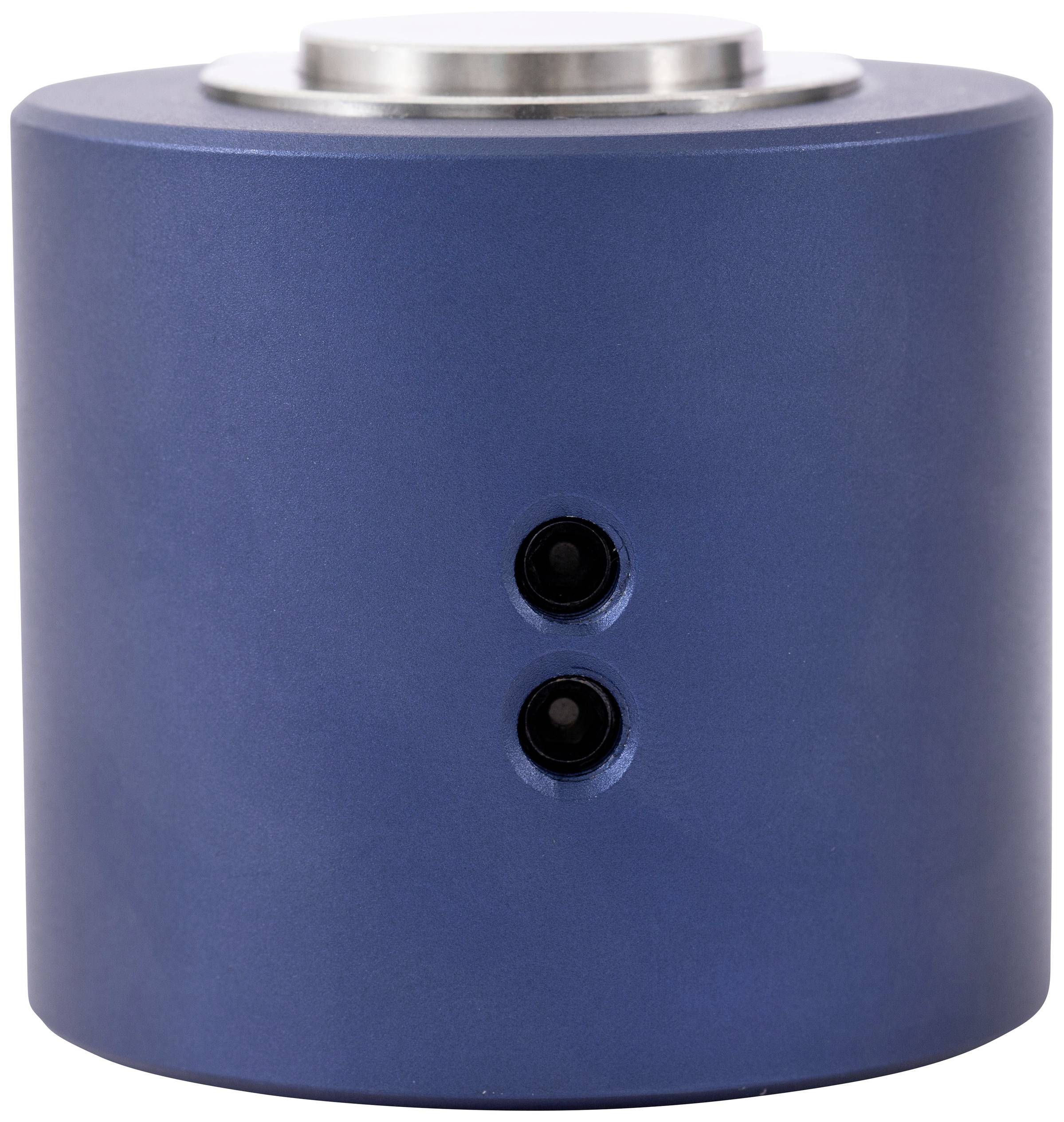 Blauer zylindrischer Sensor mit zwei schwarzen Punkten auf der Vorderseite, vermutlich Kameras oder Linsen für Erkennungszwecke.