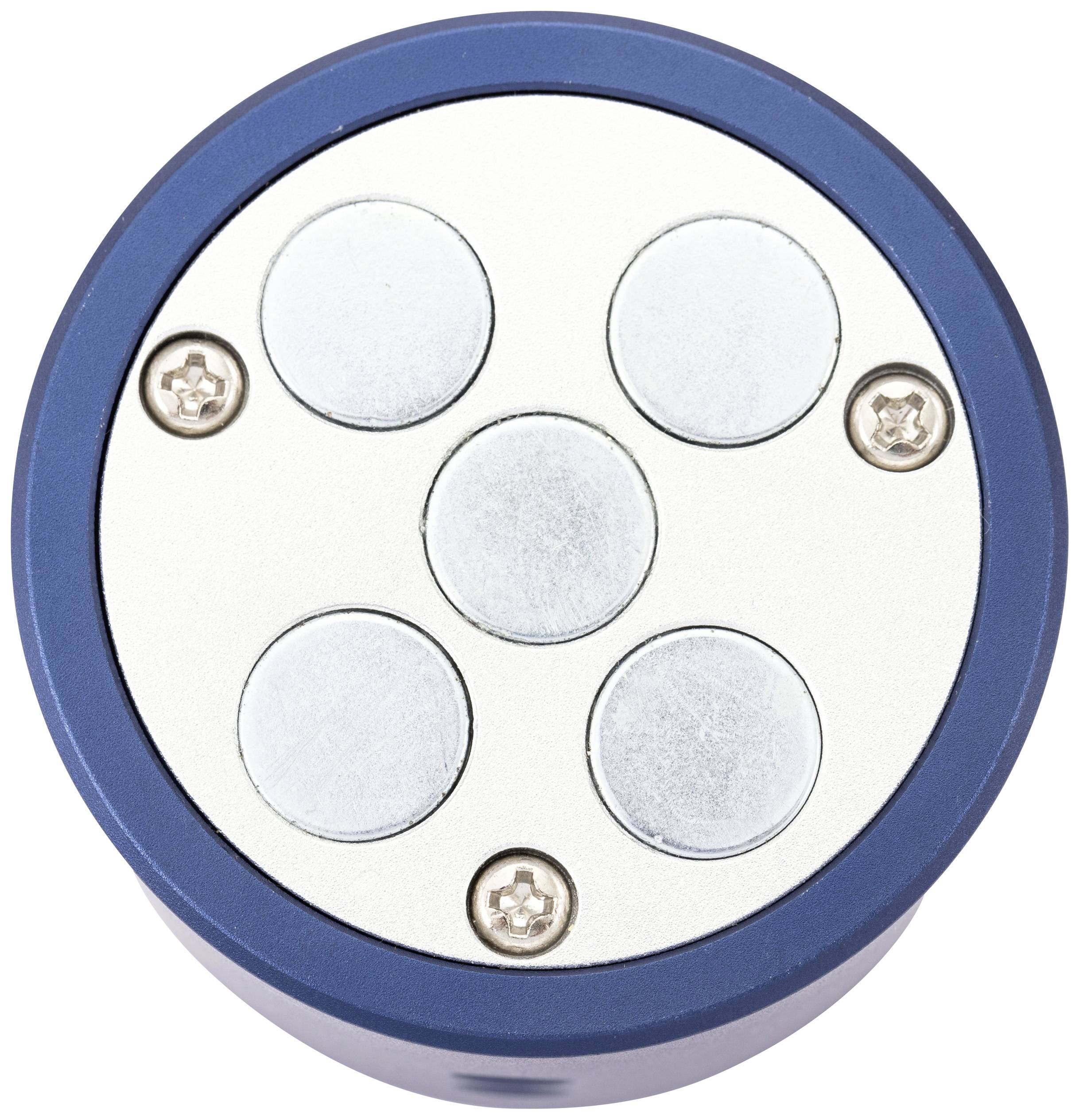 Blauer runder Magnetfuß mit fünf silbernen Magneten und zwei sichtbaren Schrauben.