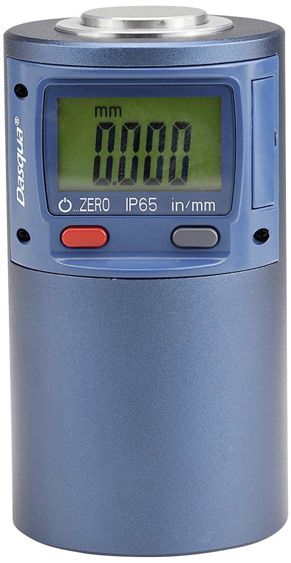 Ein digitales Messgerät mit einem Display, das '0000 mm' anzeigt. Es hat IP65-Schutz und Tasten für Nullstellung und Einheitenwechsel.