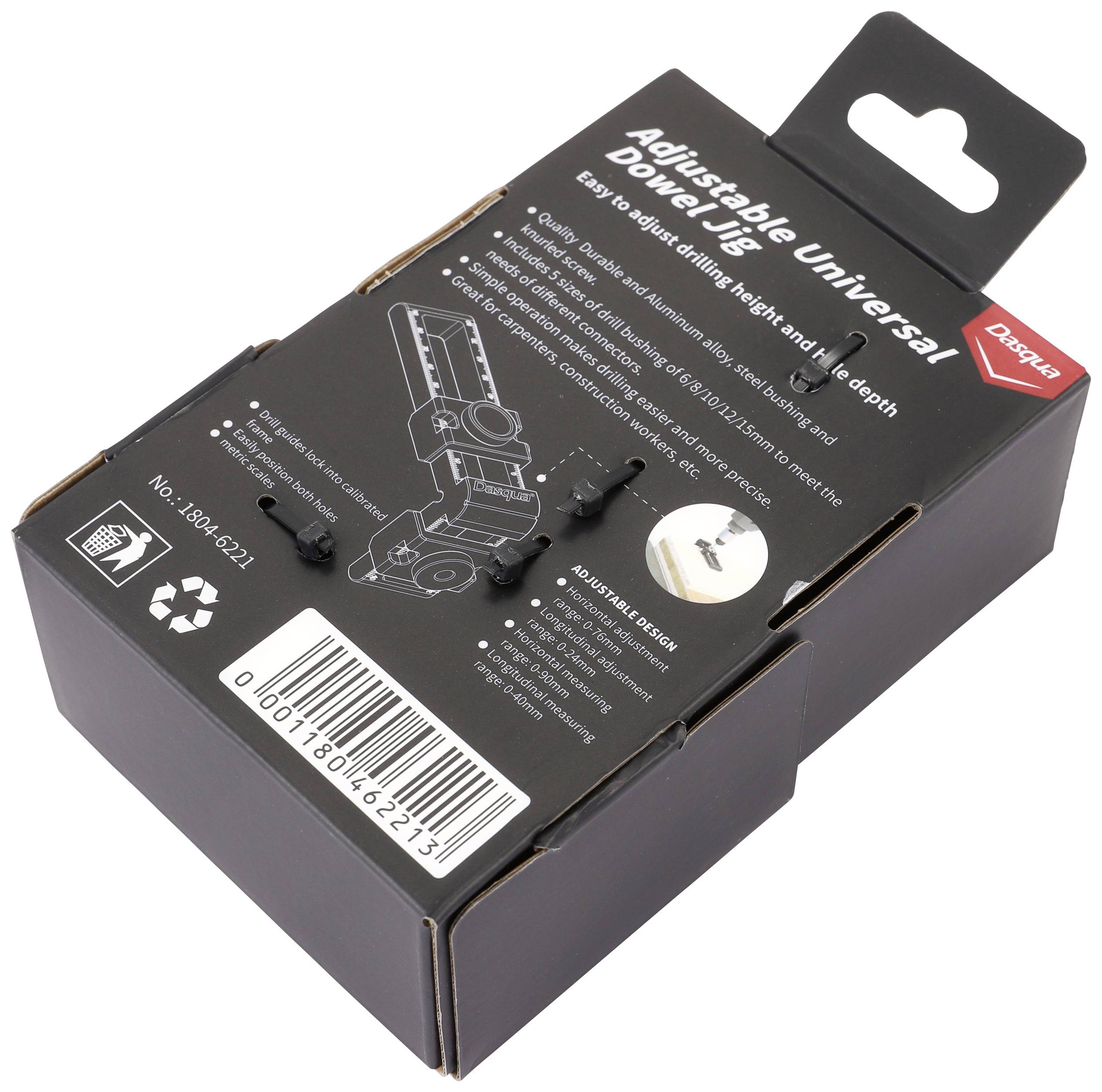 Schwarze Verpackung einer verstellbaren Universal-Power-Leuchte mit Abbildung des Produkts und Liste der Funktionen auf Englisch.