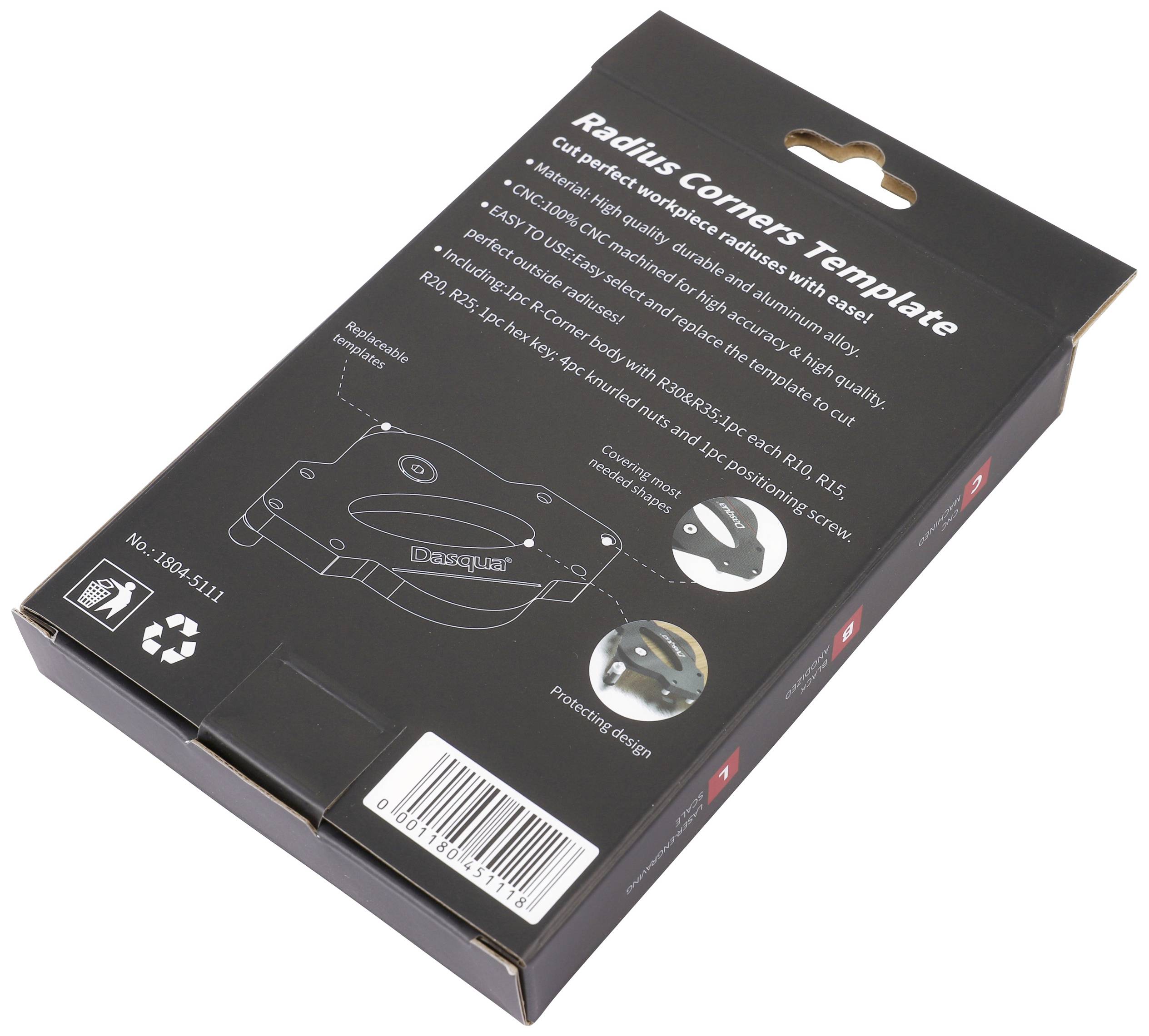 Verpackung einer Radius-Eckenschablone. Enthält Angaben zur Kompatibilität und Anwendungshinweise. Recycling-Symbol unten.