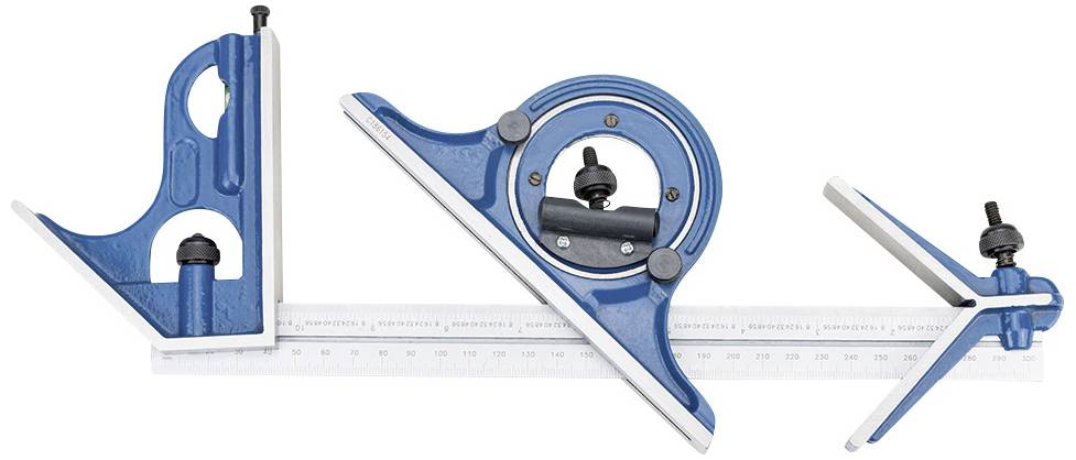 Drei-teiliges Kombinationswinkel-Set aus Metall, bestehend aus Anschlagswinkel, Winkelmesser und Zentriersucher, auf einer Messskala.