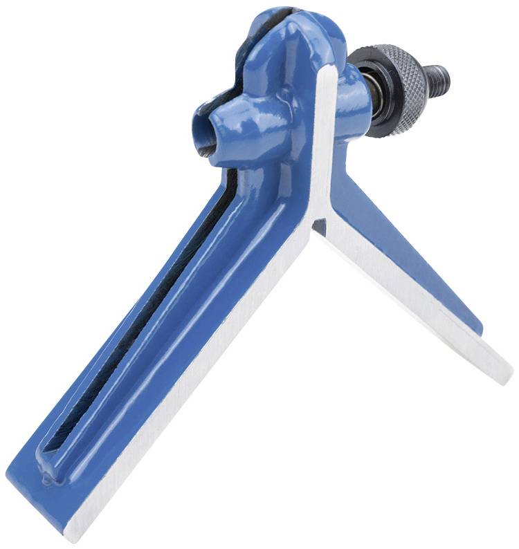 Blaues Metallwerkzeug mit zwei langen Armen. Der Körper ist von einem Schraubmechanismus verbunden, der die Arme spreizt oder schließt.