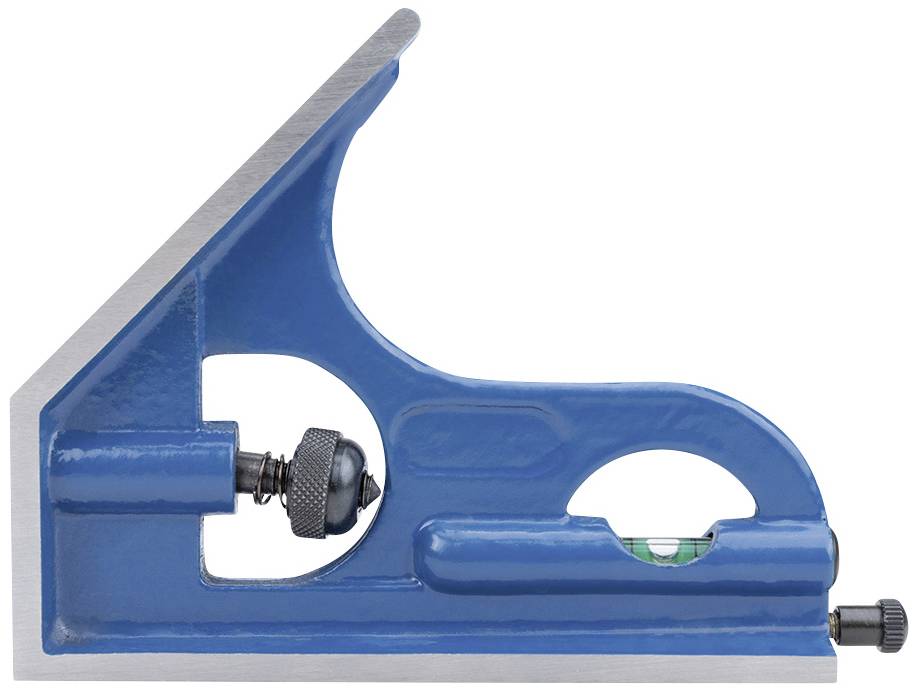 Blauer Kombinationswinkel mit Wasserwaage und verstellbarem Anschlag. Werkzeug zur präzisen Ausrichtung und Messung in der Holzbearbeitung.
