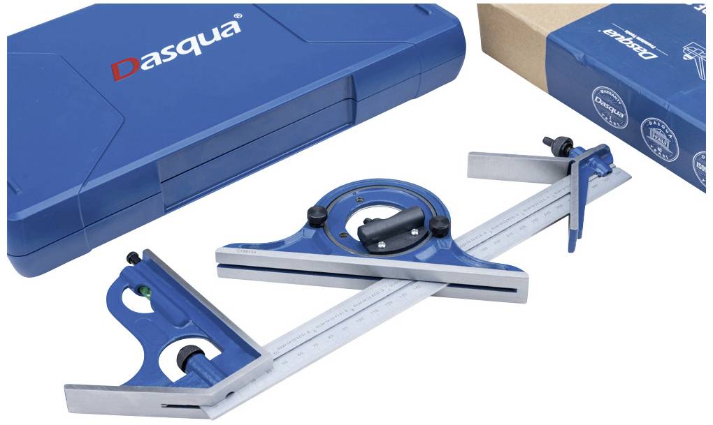 Blauer Winkelmesser mit Messskala, zwei verstellbaren Armen und einem Koffer von Dasqua, geeignet für präzise Messarbeiten.