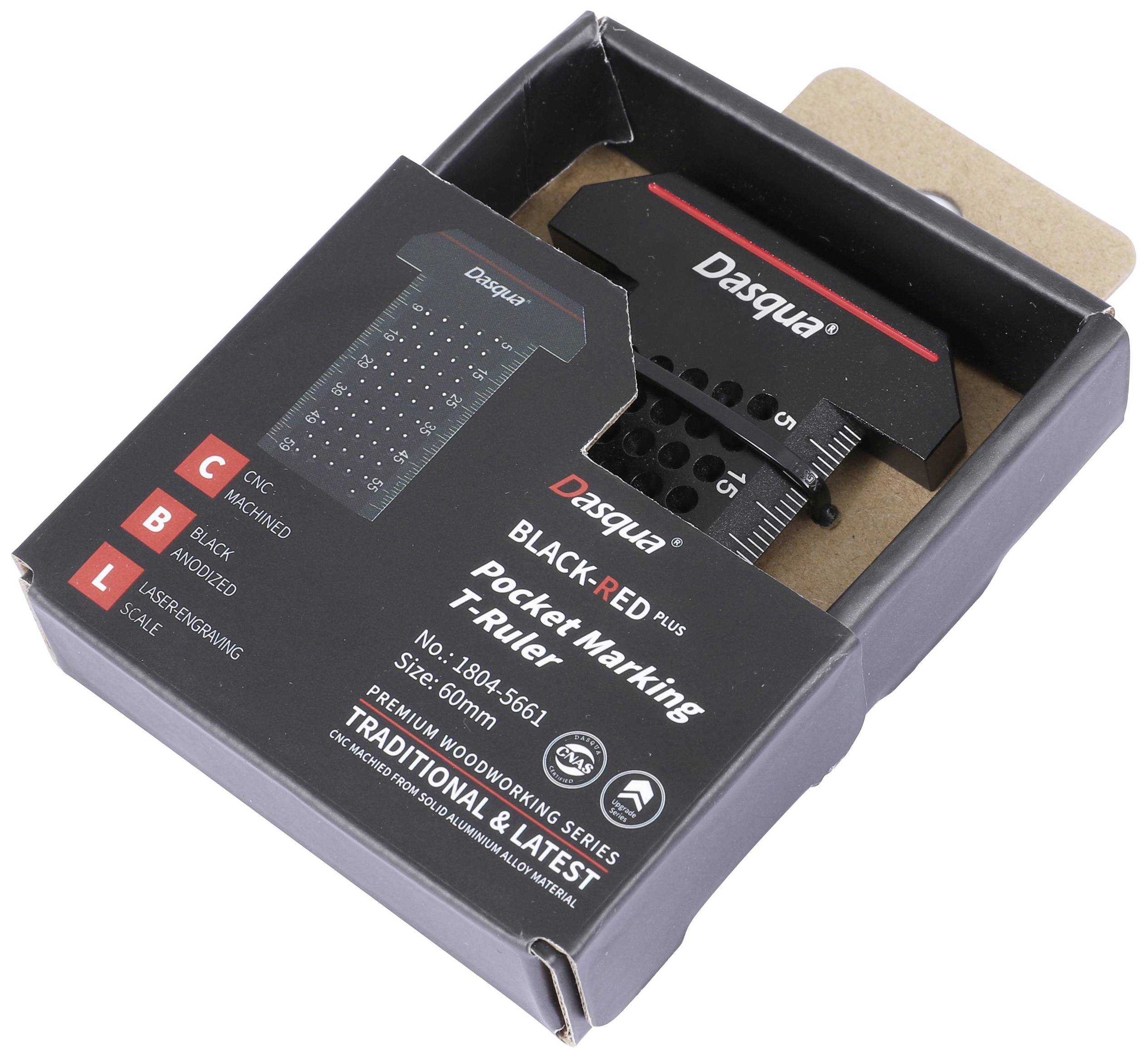 Sie sehen eine schwarze, rechteckige Verpackung mit einem Taschen-Markierungslineal von Dasqua. Geeignet für Holzarbeiten.