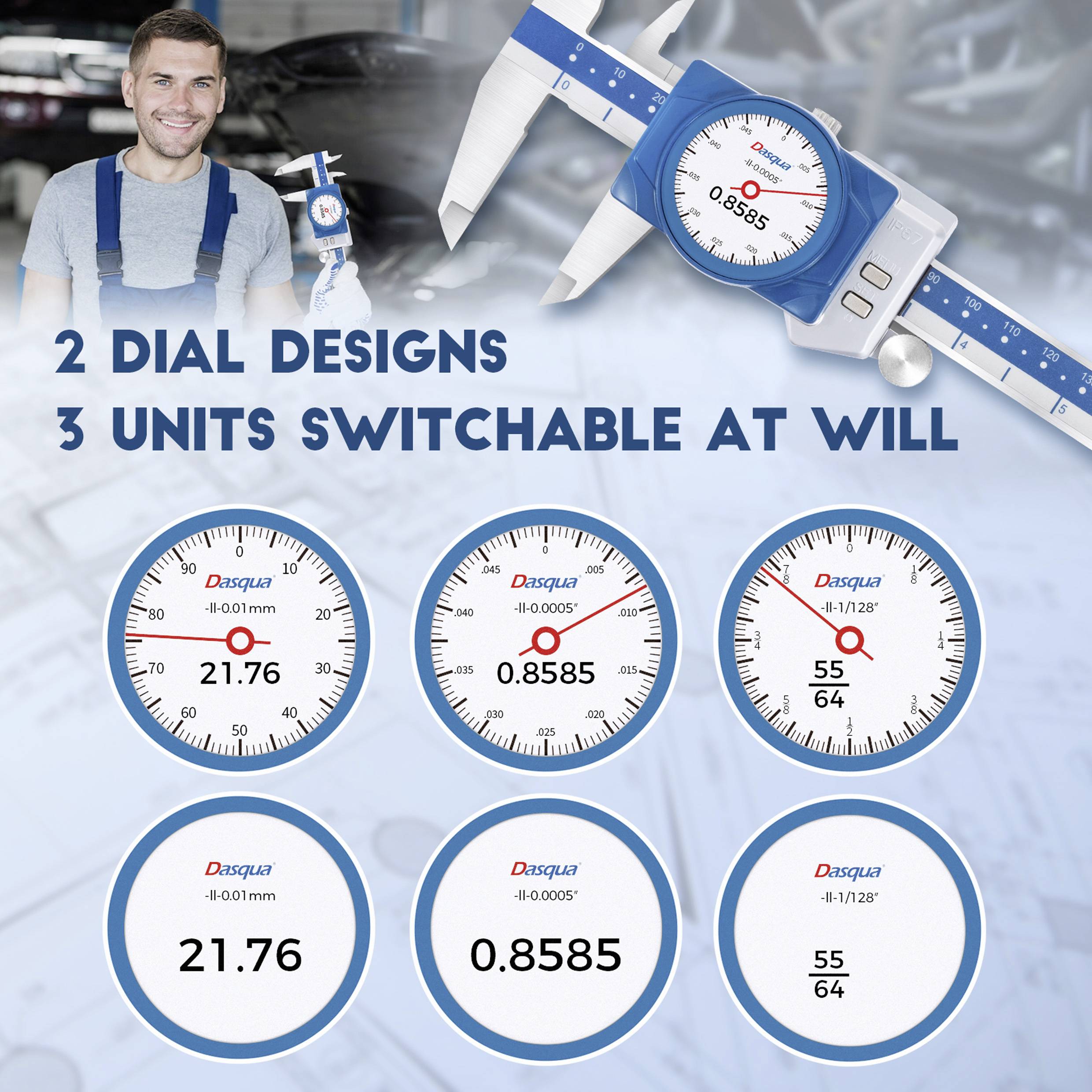 Eine Person, die einen Messschieber hält und 2 Zifferblattdesigns sowie 3 wechselbare Einheiten präsentiert. Text lautet: '2 Zifferblattdesigns, 3 Einheiten nach Belieben wechselbar'